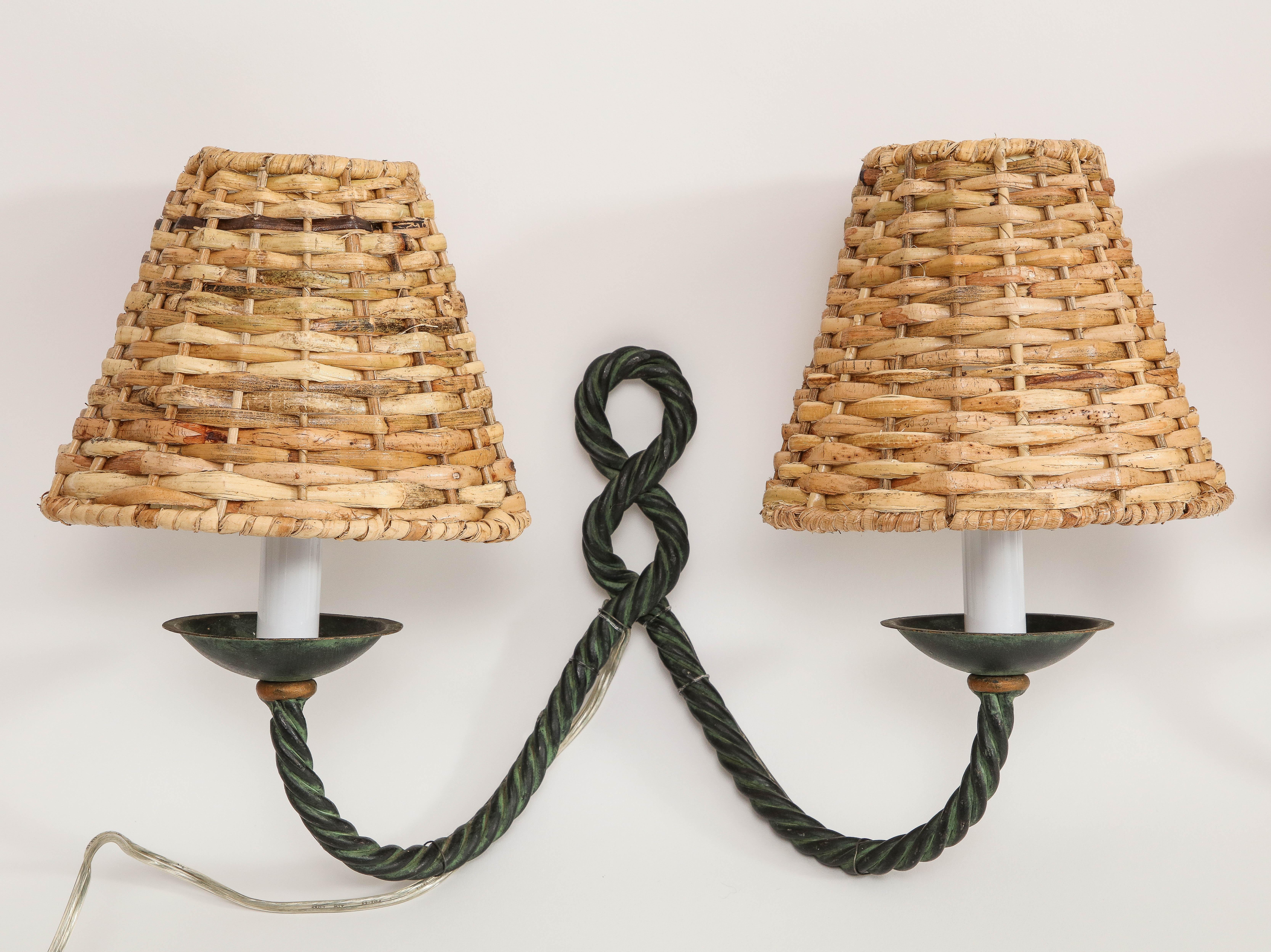 Pair of Midcentury French Bronze Rope Wall Two-Light Sconces with Wicker Shades For Sale 7