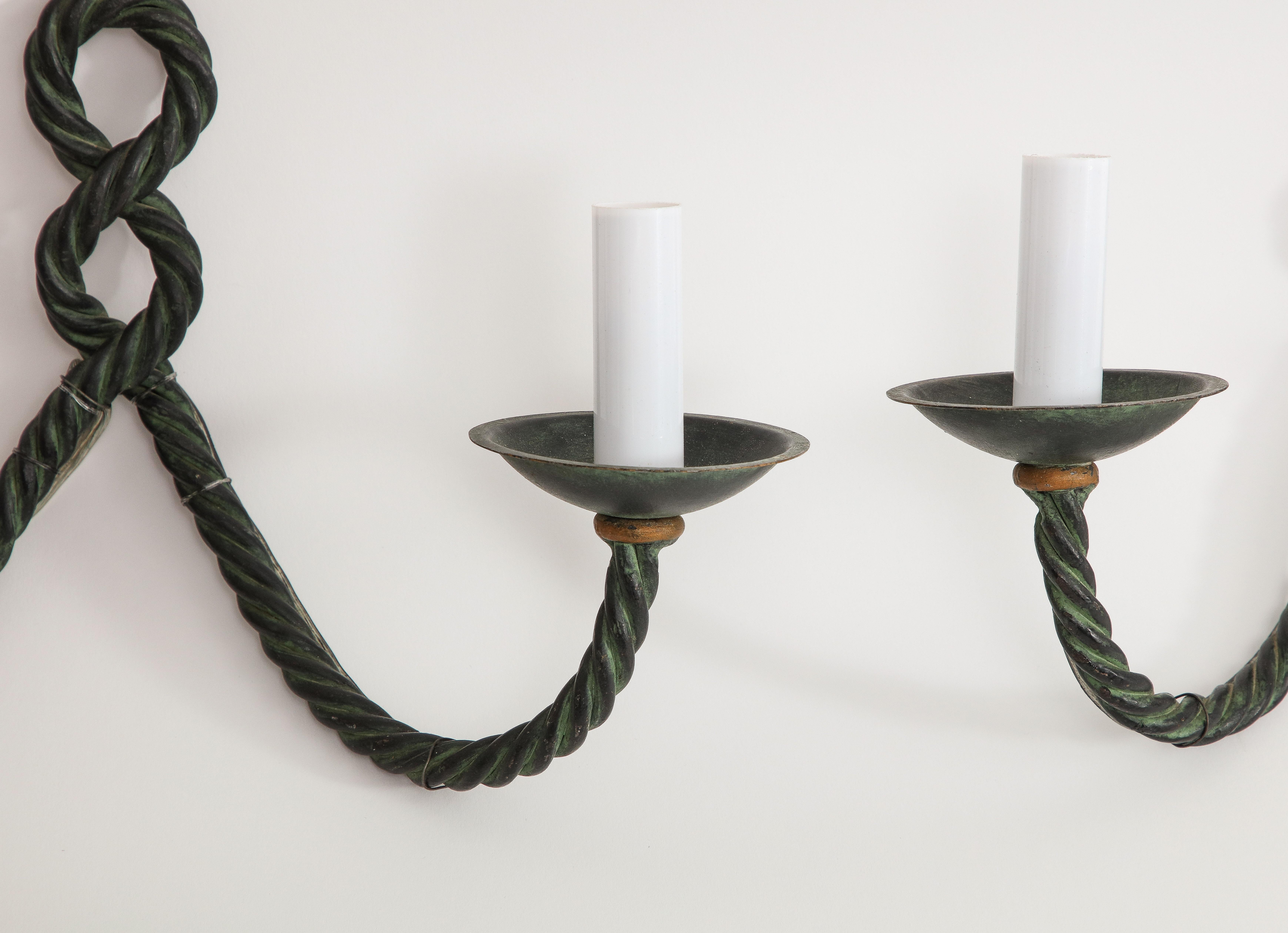 Pair of Midcentury French Bronze Rope Wall Two-Light Sconces with Wicker Shades For Sale 14