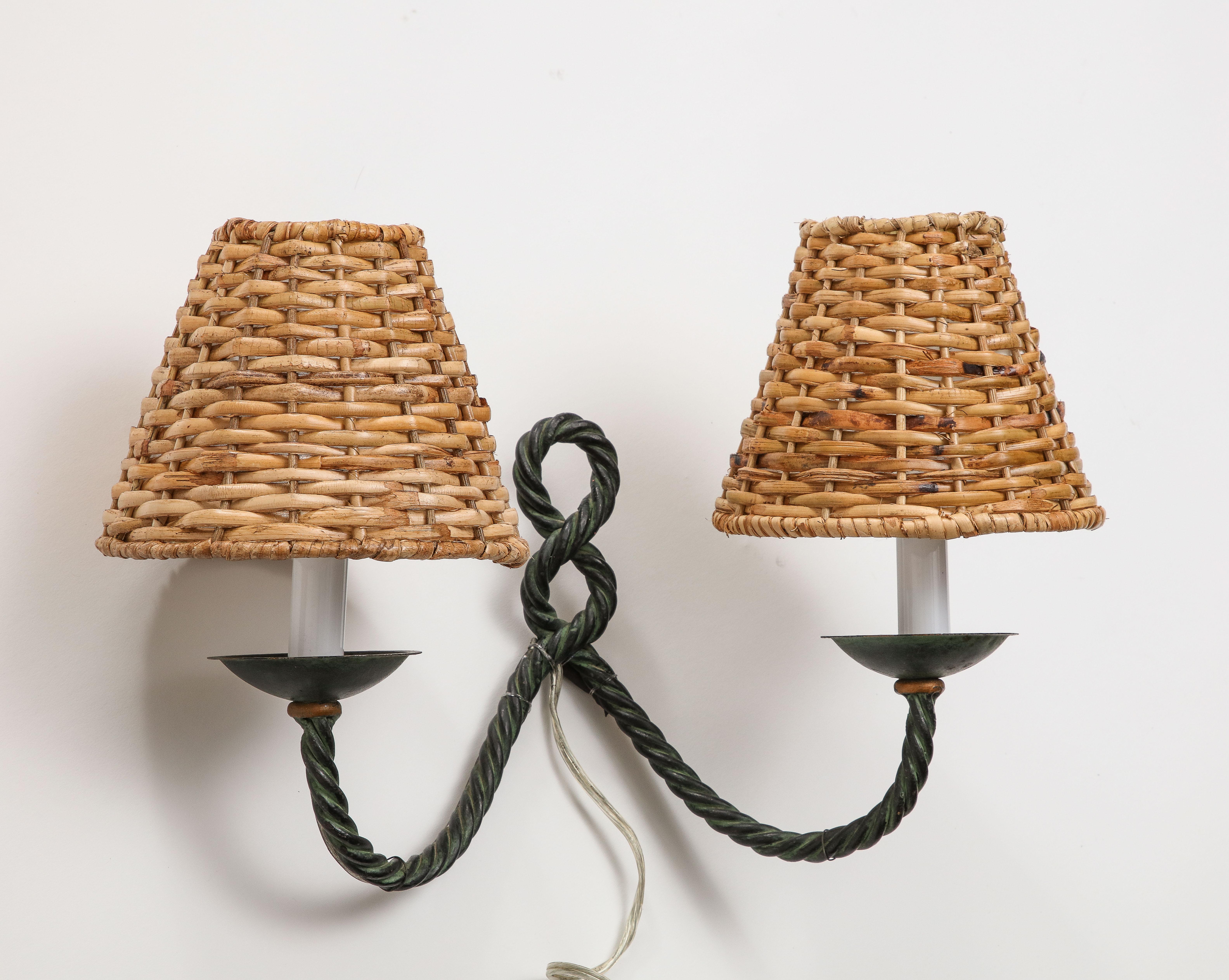 Pair of Midcentury French Bronze Rope Wall Two-Light Sconces with Wicker Shades For Sale 1