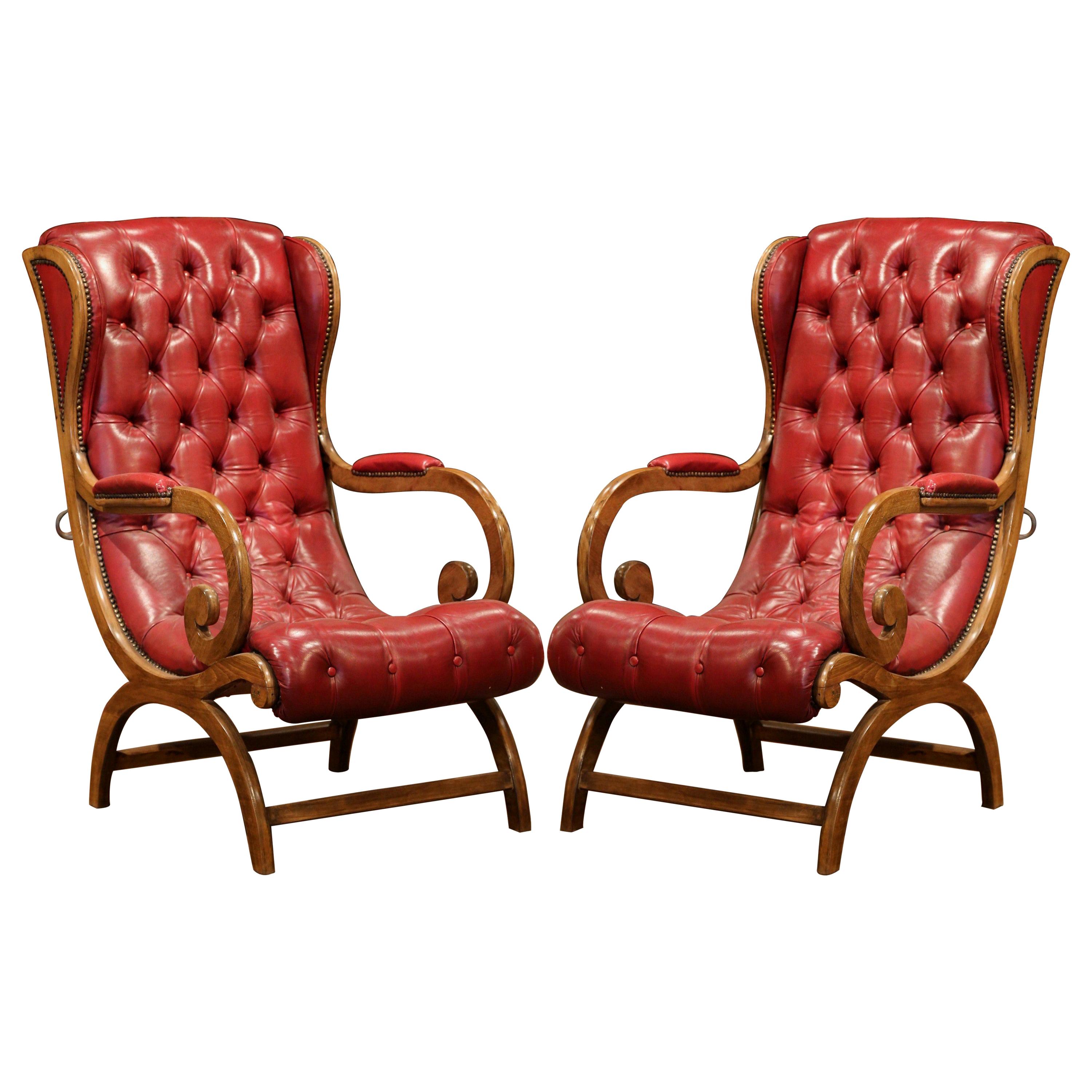 Pair of Midcentury French Carved Walnut Armchairs with Original Red Leather