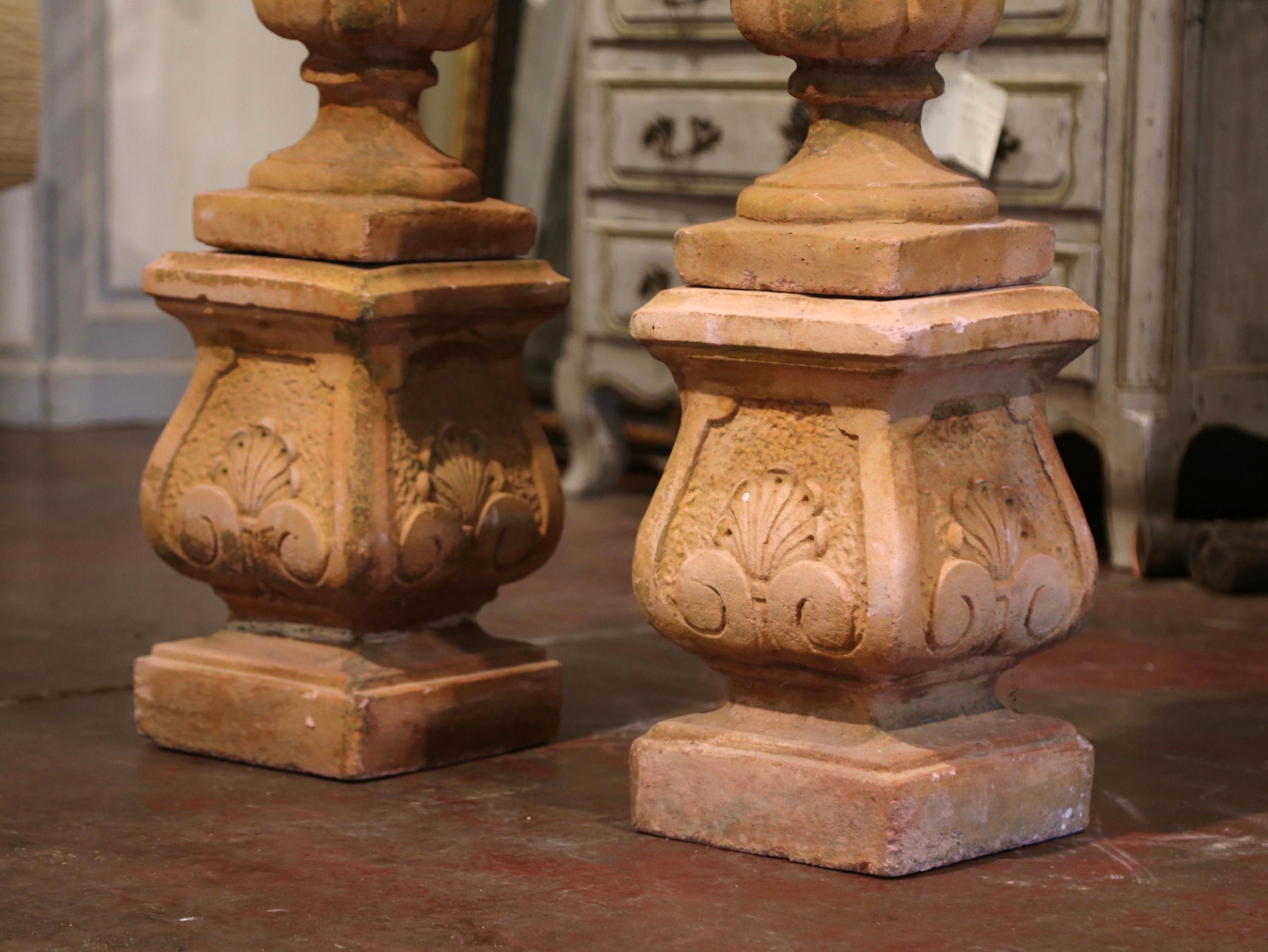 20th Century Pair of Midcentury French Carved Weathered Outdoor Vases with Fruit Decor