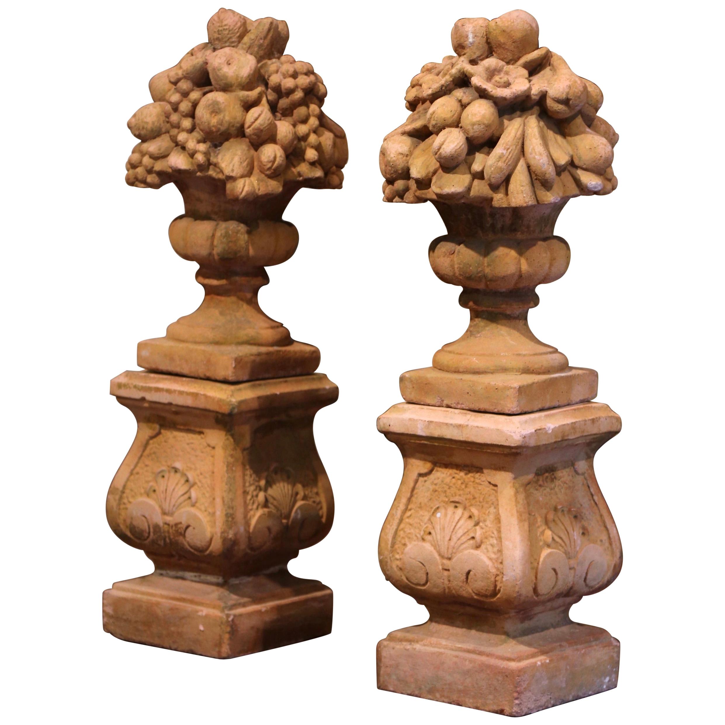 Pair of Midcentury French Carved Weathered Outdoor Vases with Fruit Decor