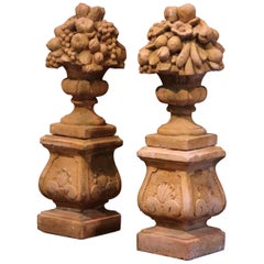 Pair of Midcentury French Carved Weathered Outdoor Vases with Fruit Decor