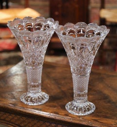 Pair of Midcentury French Clear Cut Crystal Trumpet Vases with Leaf Motifs