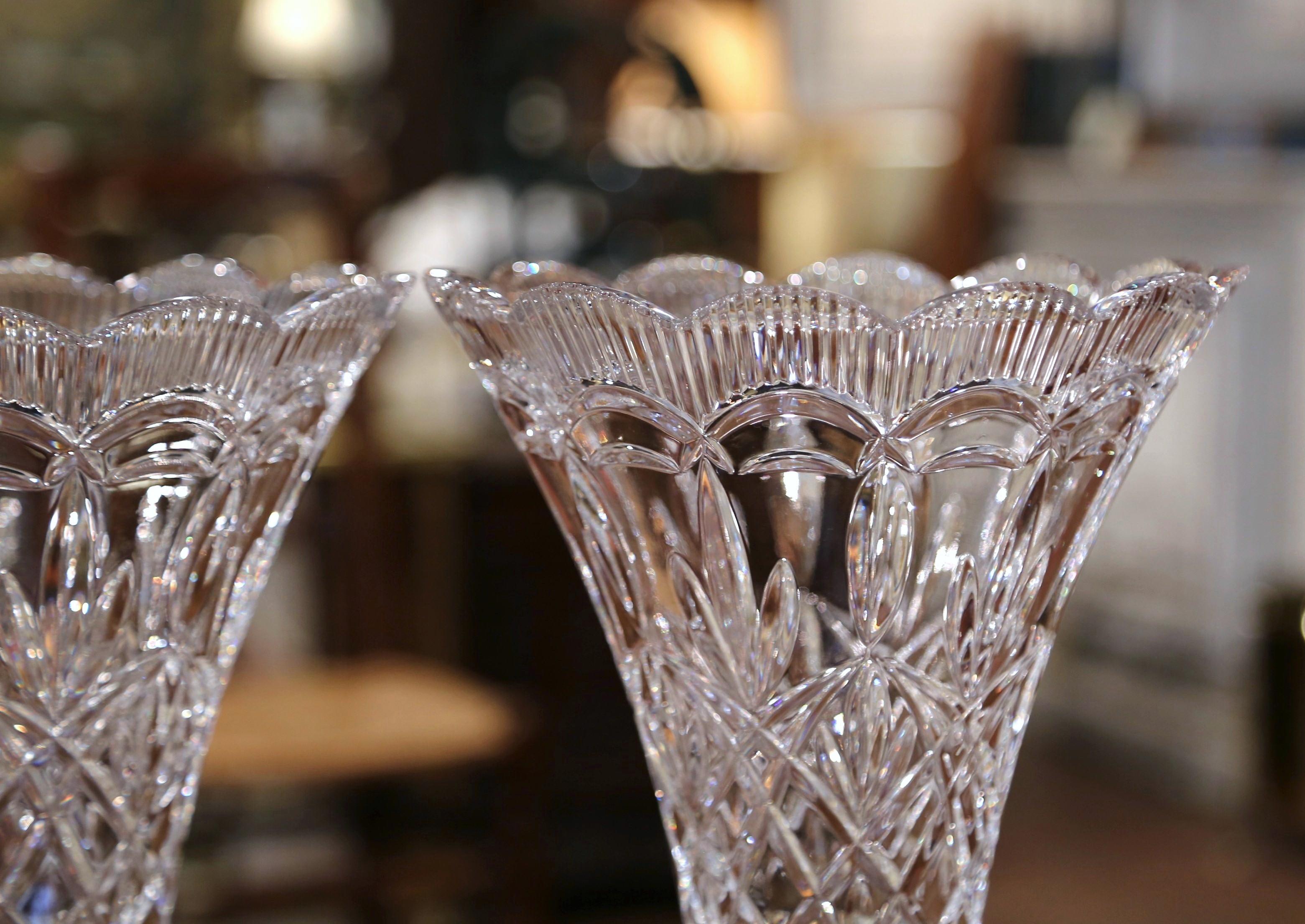 Hand-Crafted Pair of Midcentury French Clear Cut Crystal Trumpet Vases with Leaf Motifs