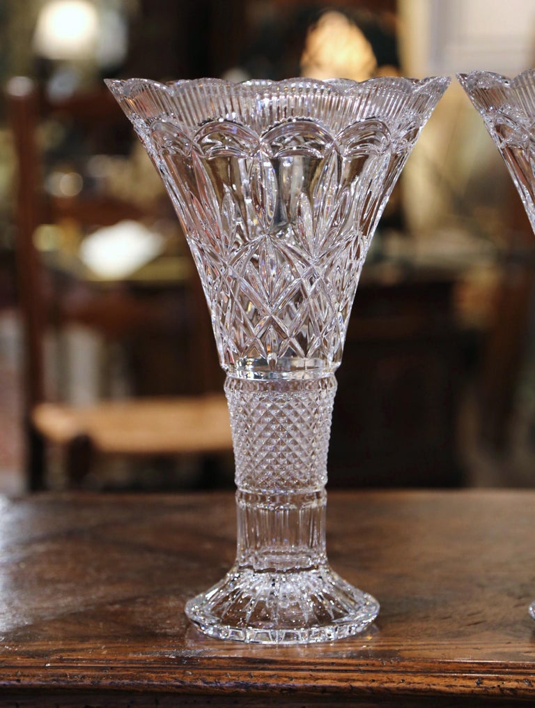 Pair of Midcentury French Clear Cut Crystal Trumpet Vases with Leaf