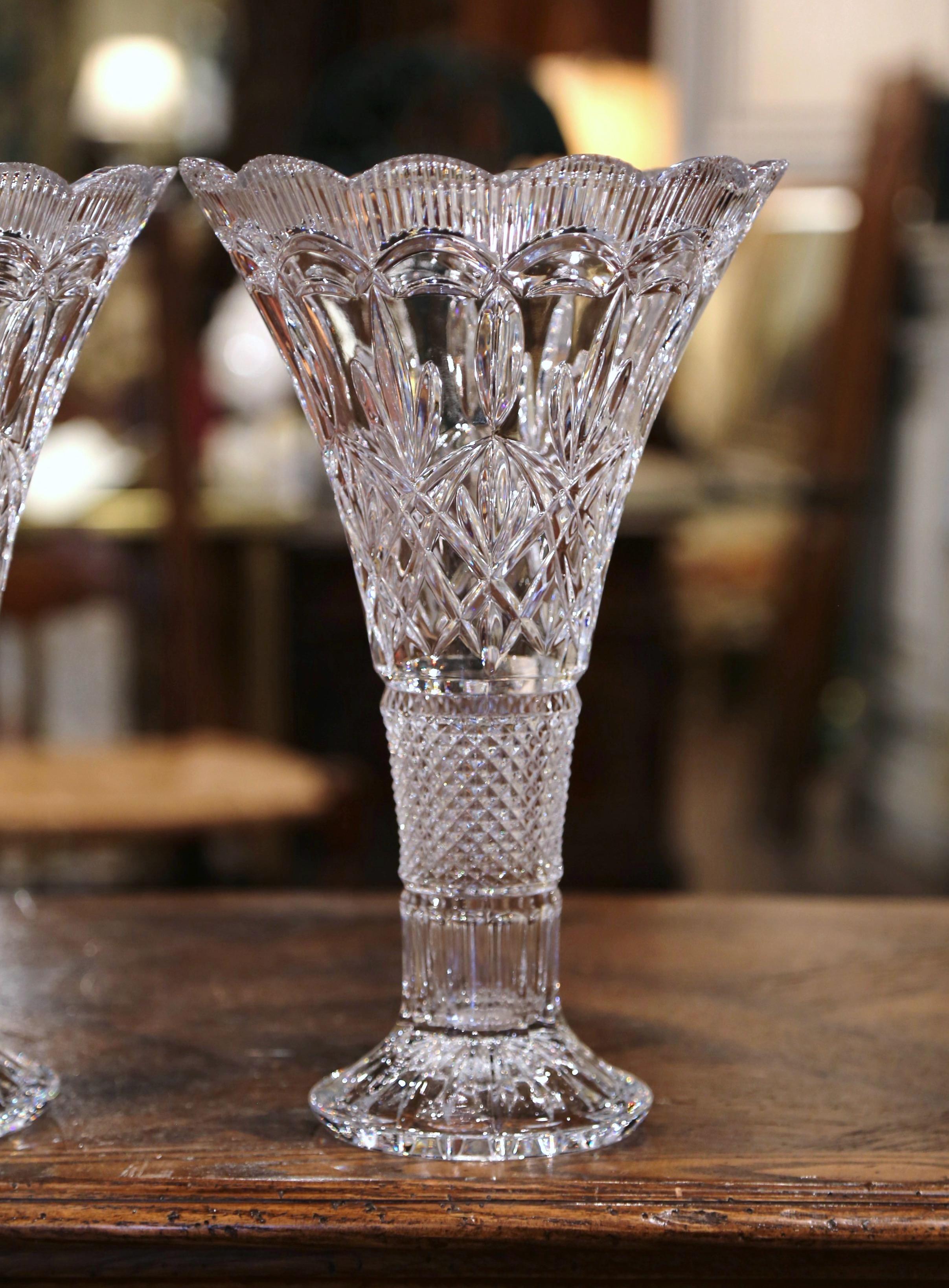 Pair of Midcentury French Clear Cut Crystal Trumpet Vases with Leaf Motifs 1