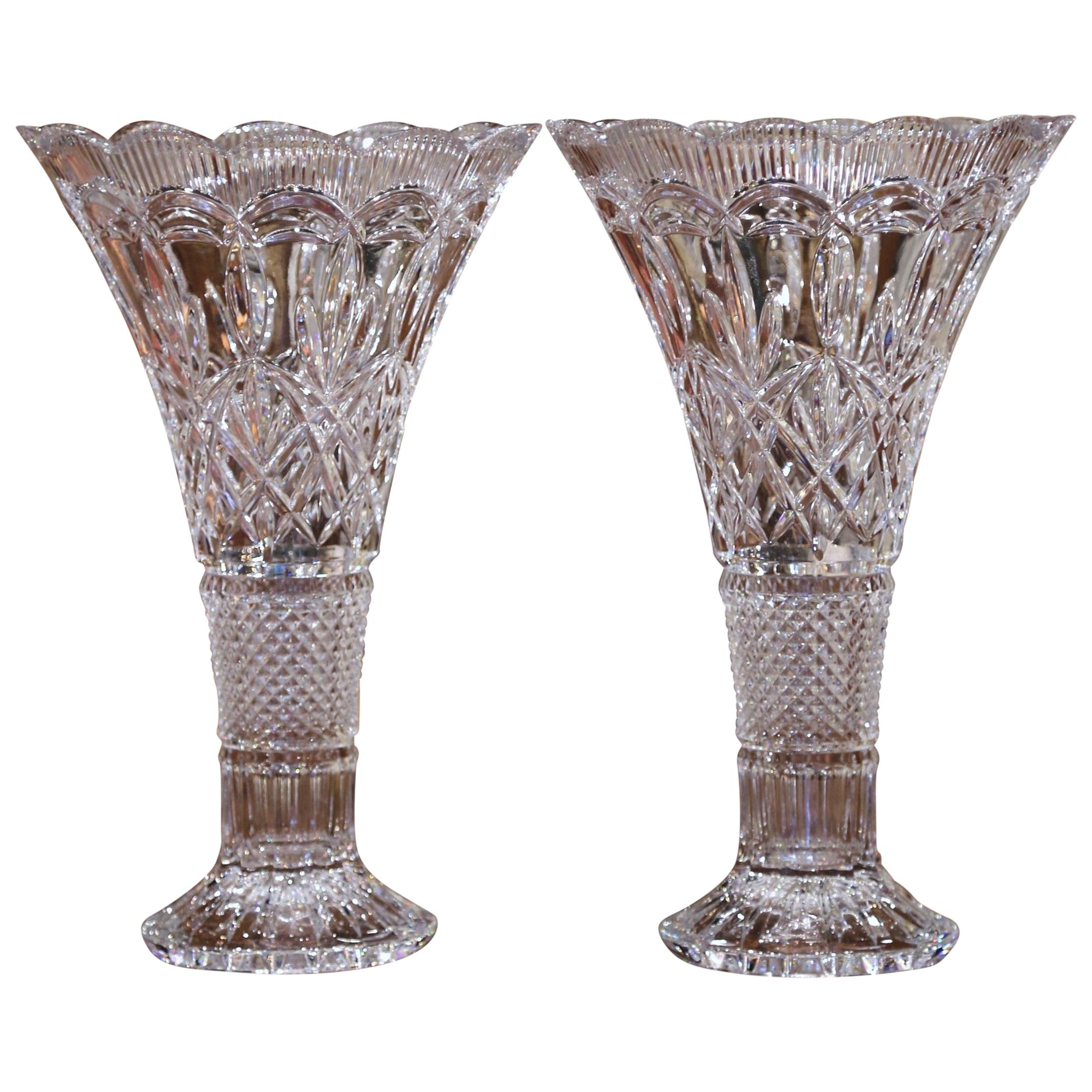 Pair of Midcentury French Clear Cut Crystal Trumpet Vases with Leaf Motifs
