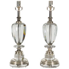 Pair of Midcentury French Crystal Single-Light Table Lamps on Lucite Bases