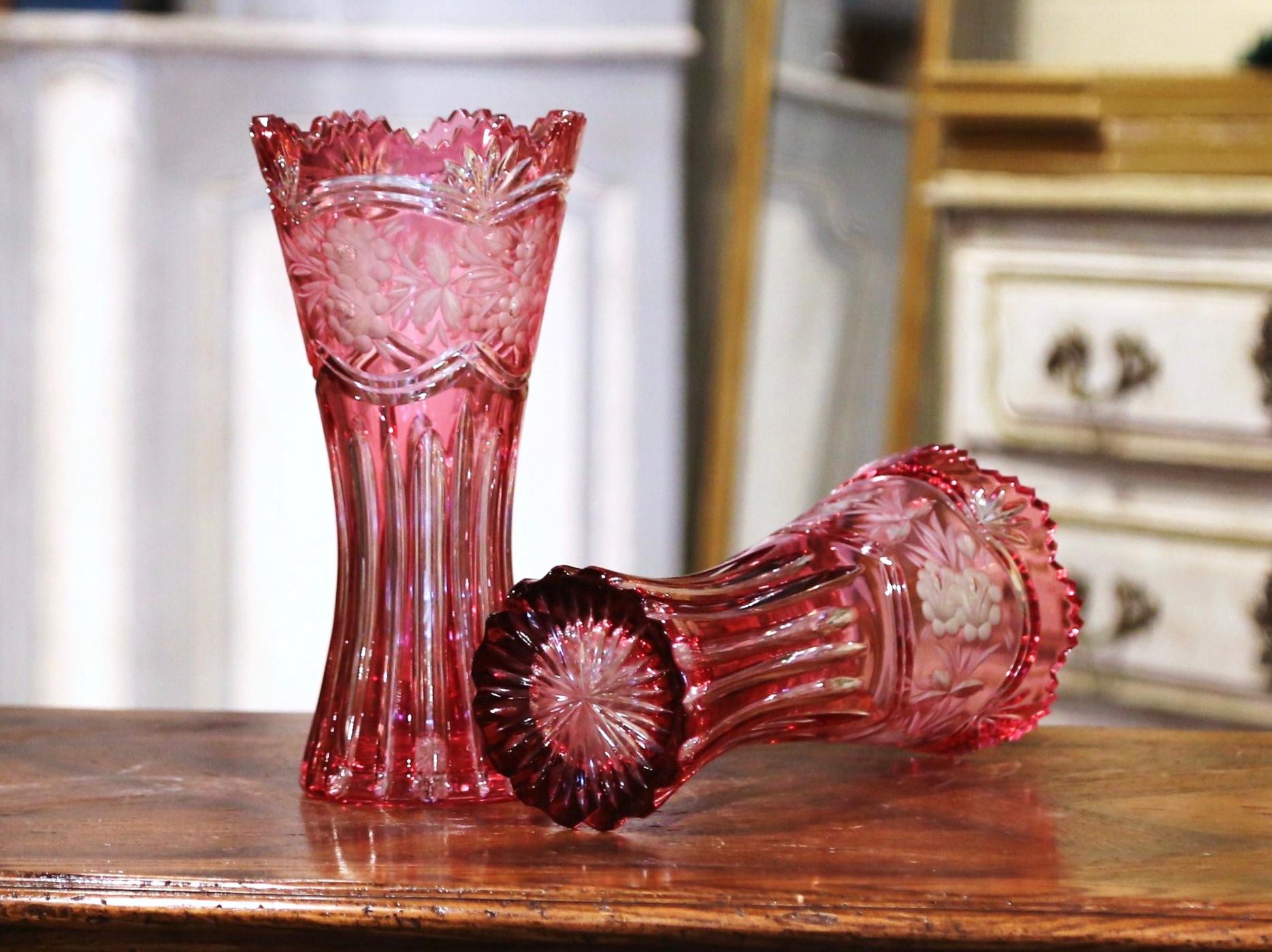 Cut Glass Pair of Midcentury French Cut Crystal Trumpet Vases with Frosted Floral Motifs For Sale