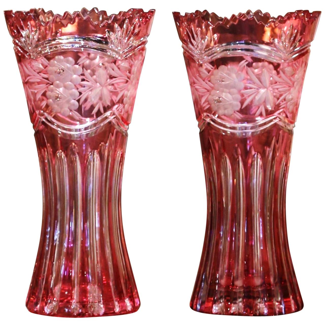 Pair of Midcentury French Cut Crystal Trumpet Vases with Frosted Floral Motifs For Sale