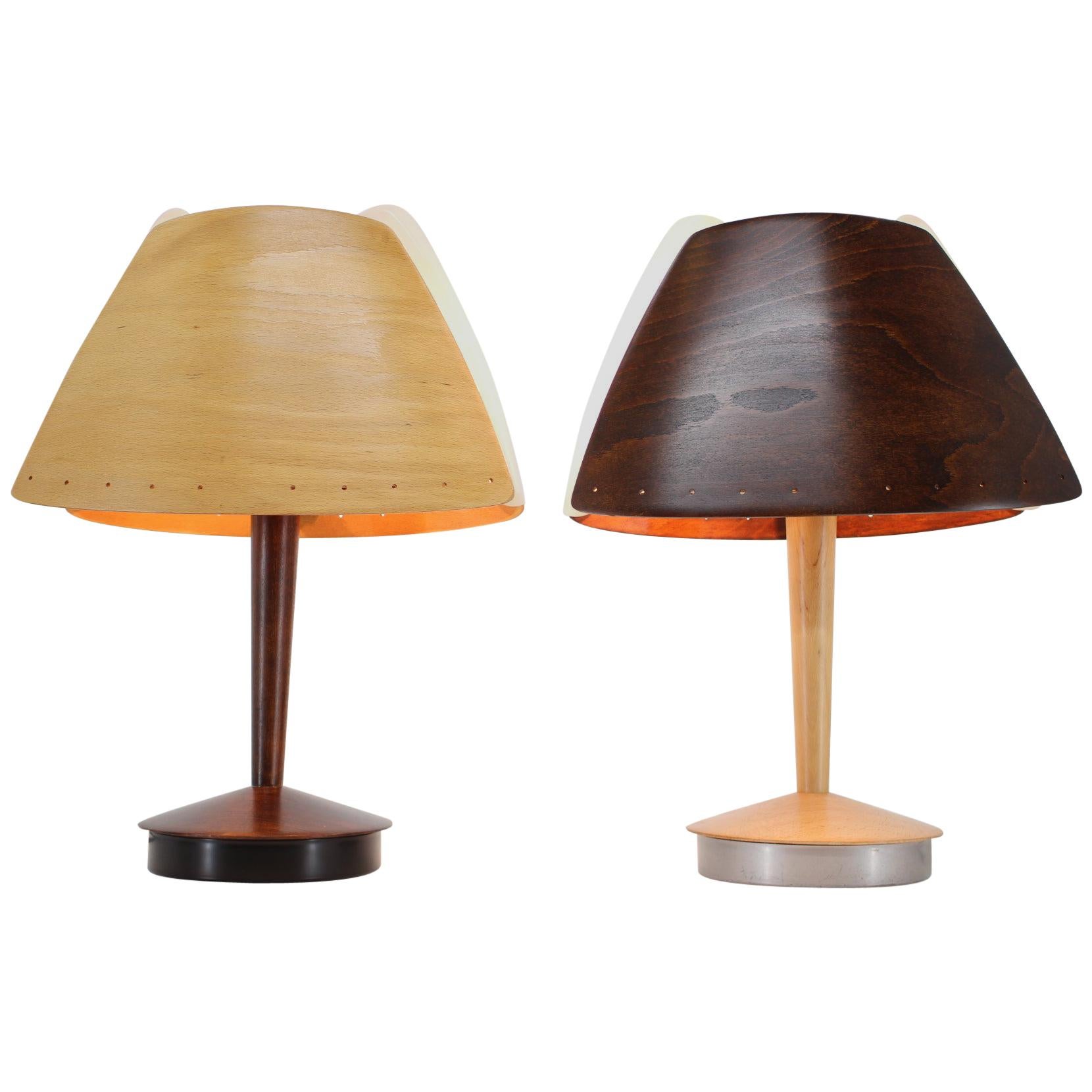 Pair of Midcentury French Design Wooden Table Lamp by Lucid / 1970s, Renovated For Sale