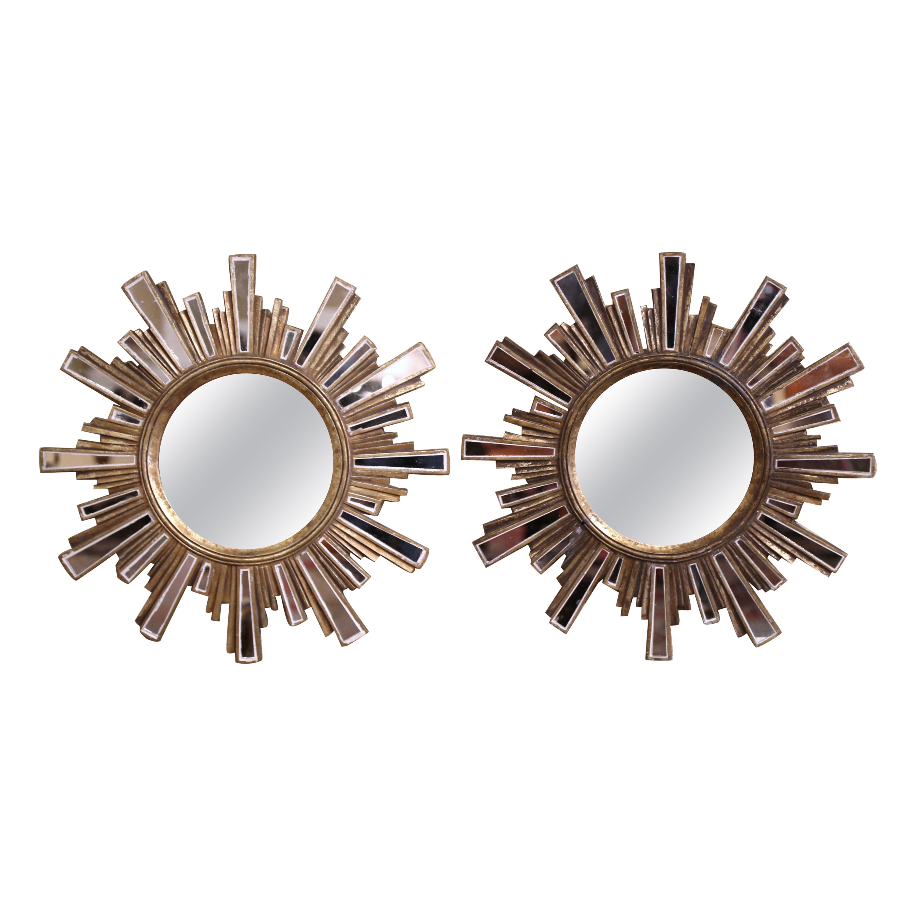 Pair of Midcentury French Giltwood and Cut Glass Wall Sunburst Mirrors