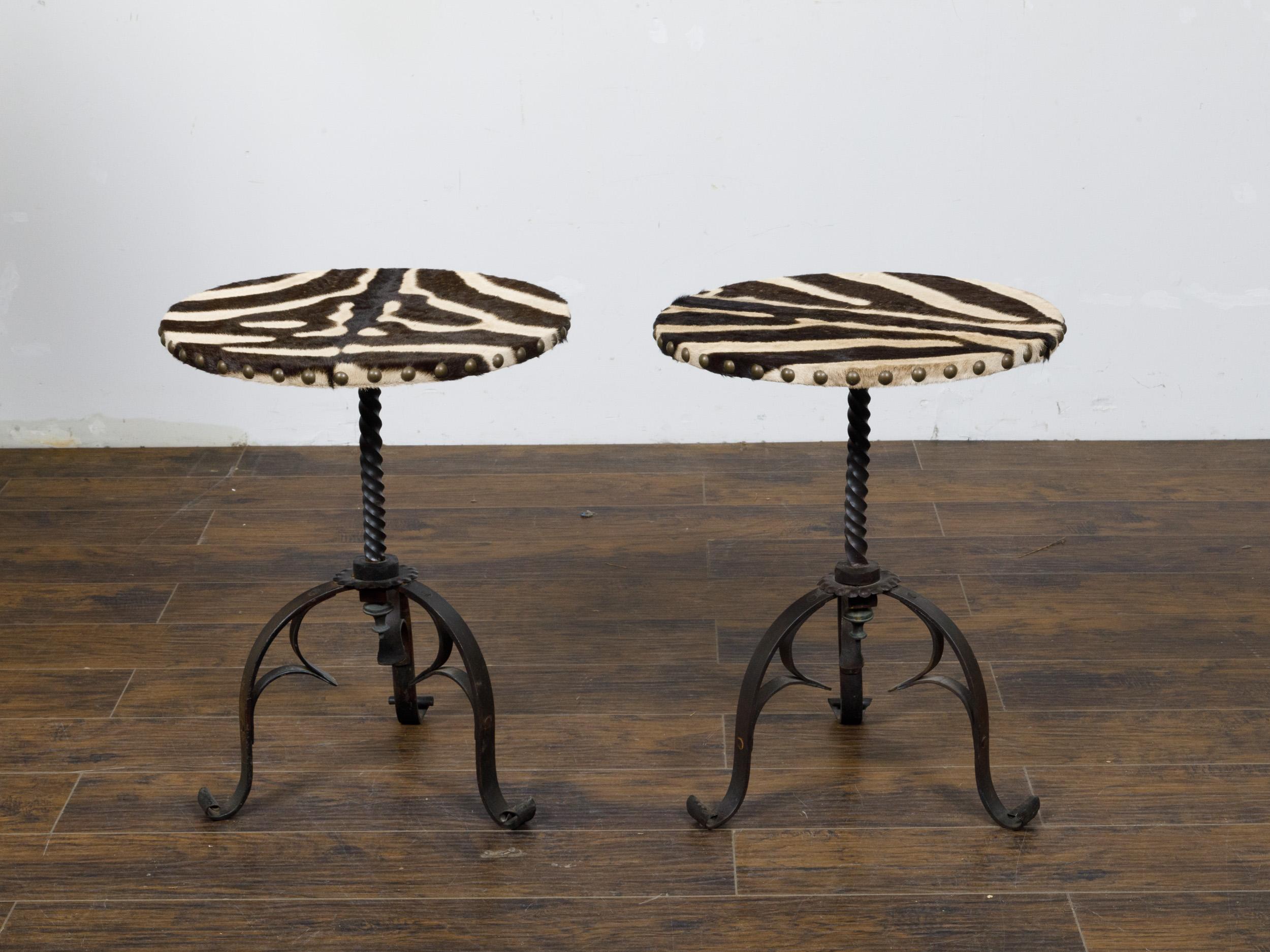 Pair of Midcentury French Guéridon Tables with Zebra Hide and Iron Tripod Bases For Sale 6