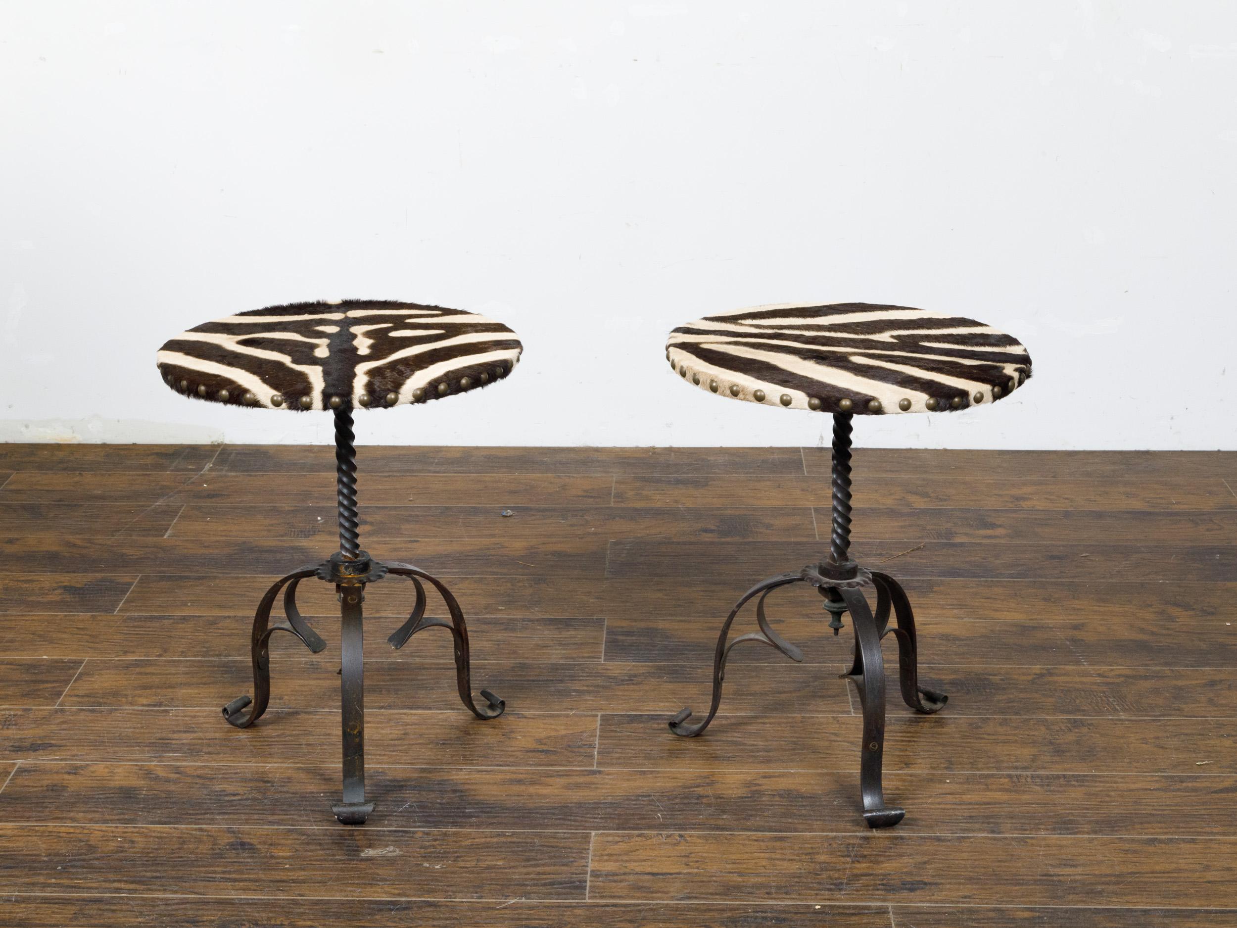 Mid-Century Modern Pair of Midcentury French Guéridon Tables with Zebra Hide and Iron Tripod Bases For Sale