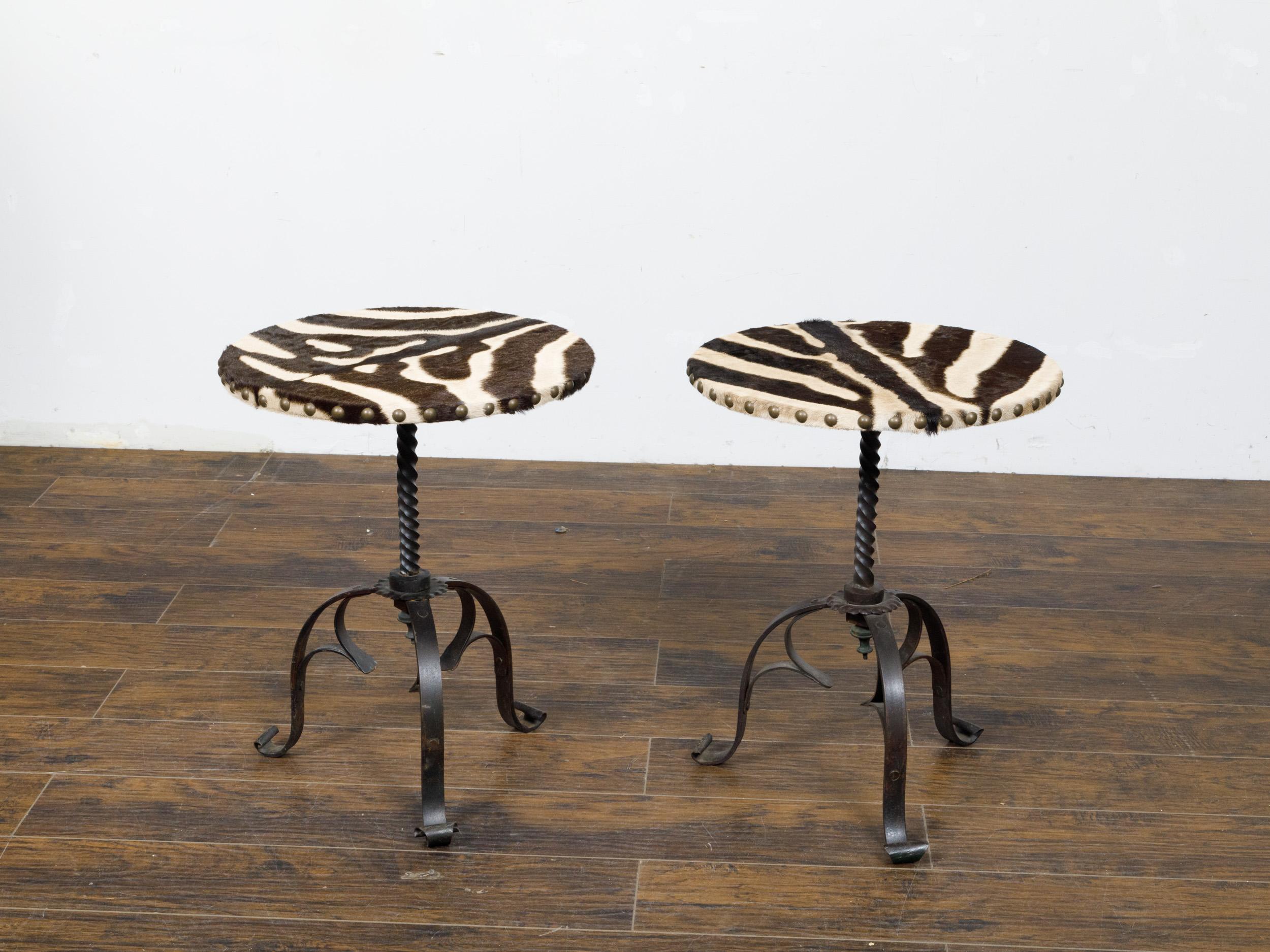 Pair of Midcentury French Guéridon Tables with Zebra Hide and Iron Tripod Bases In Good Condition For Sale In Atlanta, GA