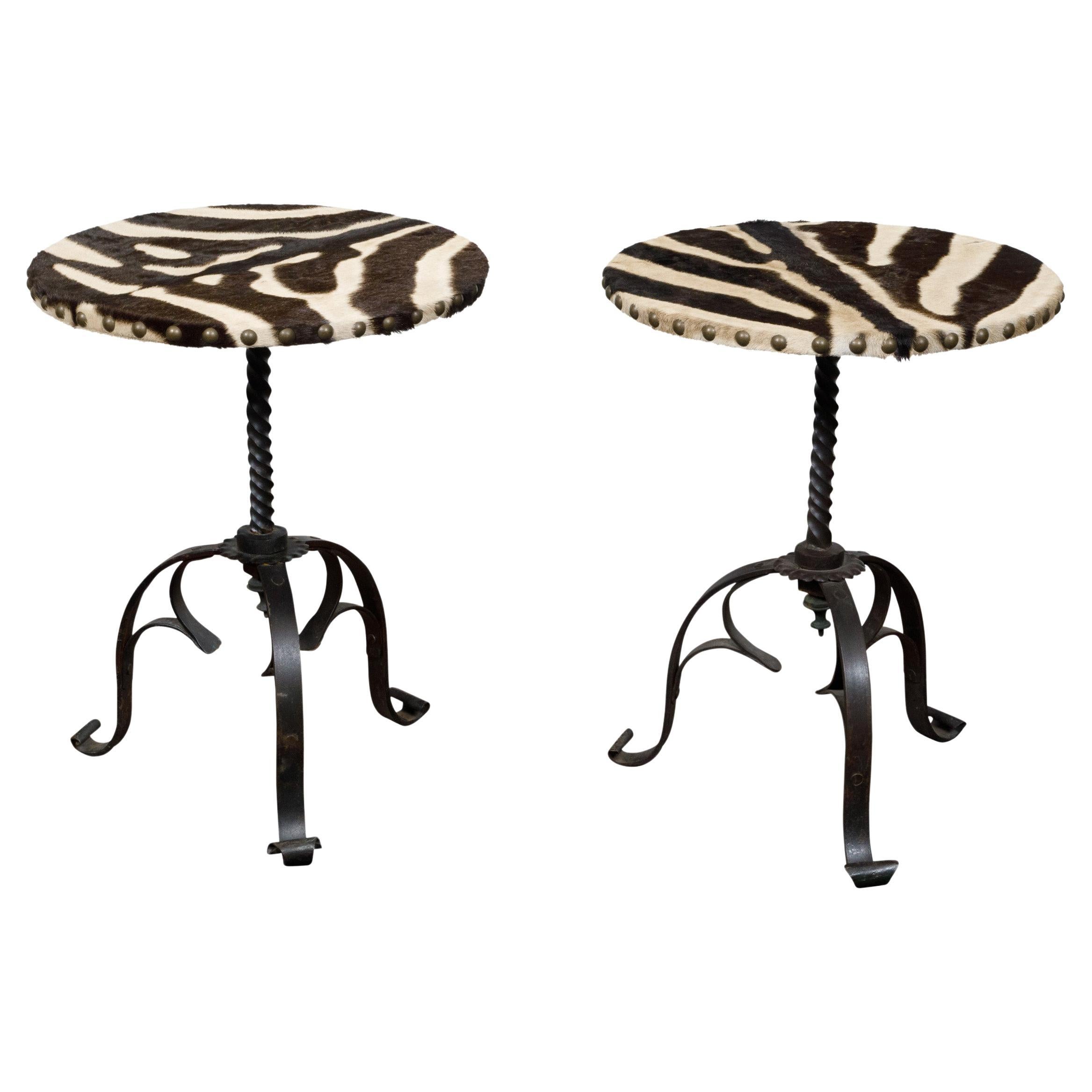 Pair of Midcentury French Guéridon Tables with Zebra Hide and Iron Tripod Bases For Sale