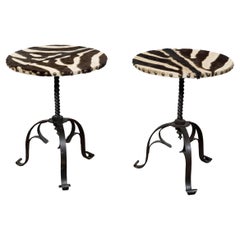 Retro Pair of Midcentury French Guéridon Tables with Zebra Hide and Iron Tripod Bases