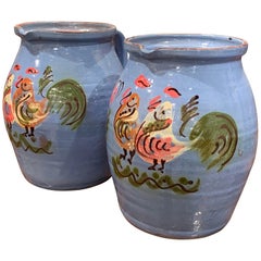 Retro Pair of Midcentury French Hand Painted Terracotta Pitchers from Normandy