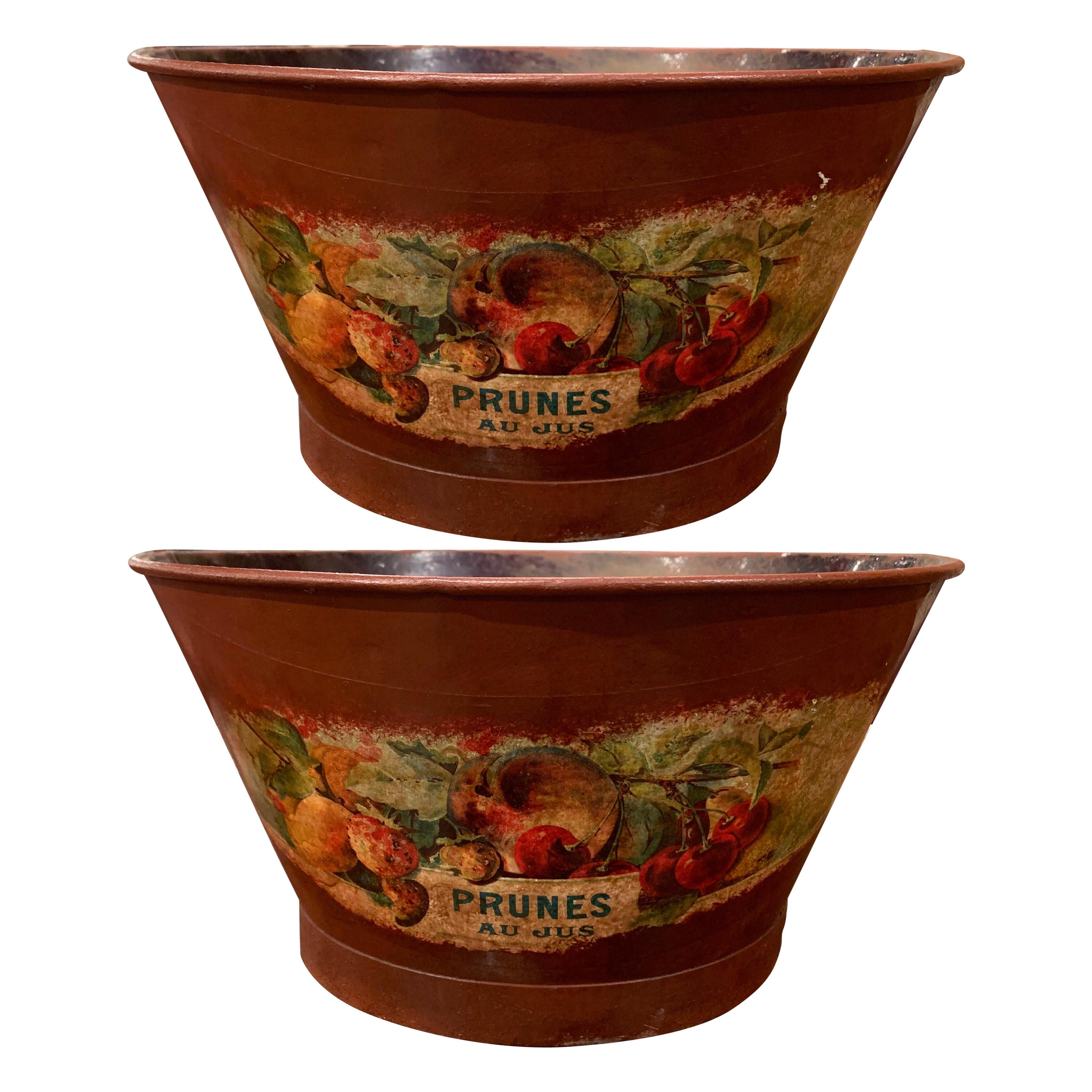 Pair of Midcentury French Hand Painted Tole Baskets with Fruit Decor For Sale