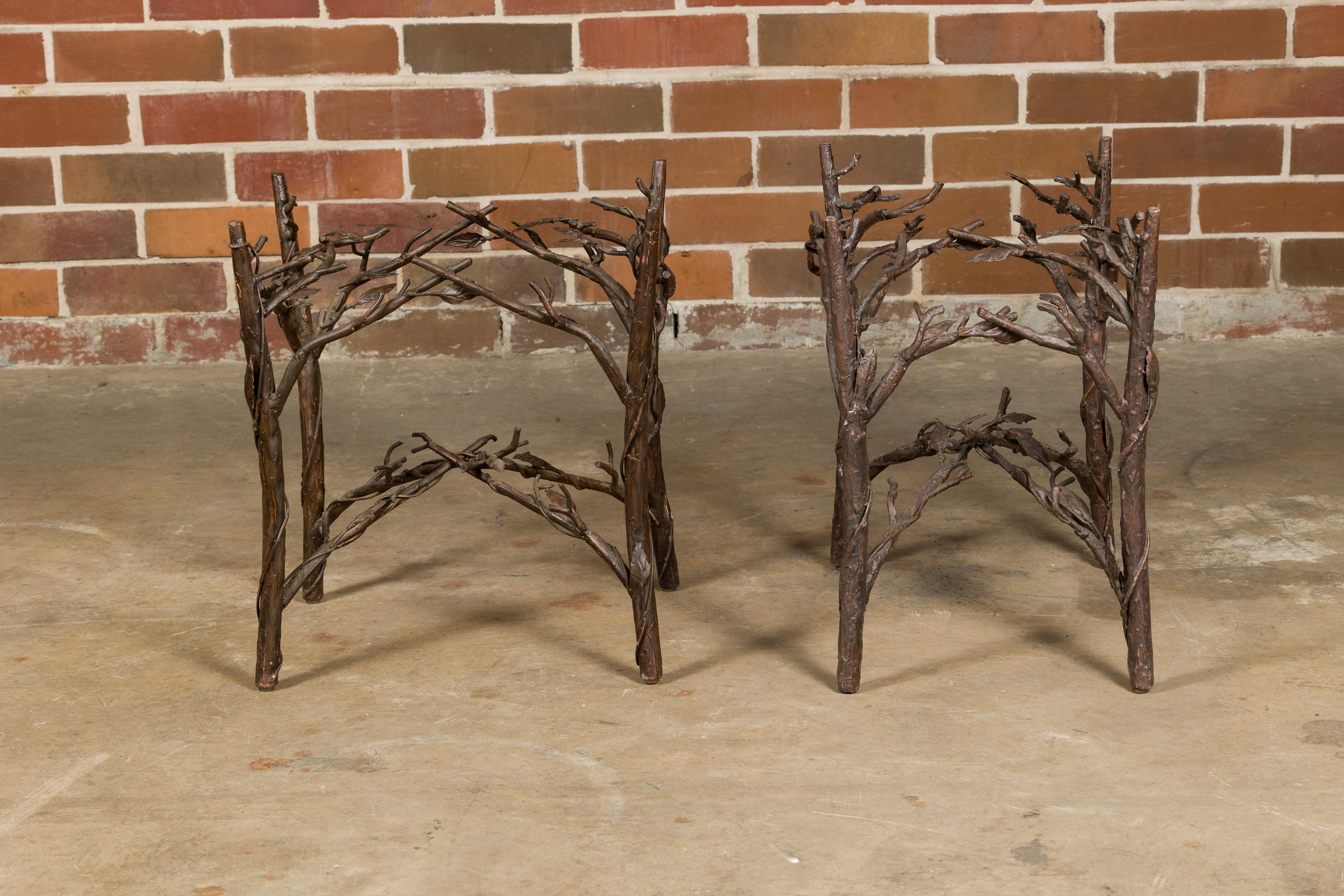 Mid-Century Modern Pair of Midcentury French Iron Twig Drinks Table Bases with Cross Stretchers For Sale
