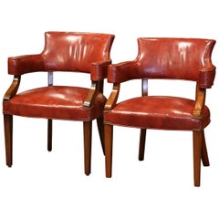 Pair of Midcentury French Louis Philippe Walnut Desk Armchairs with Red Leather