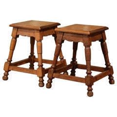 Pair of Midcentury French Louis XIII Carved Oak and Walnut Stools