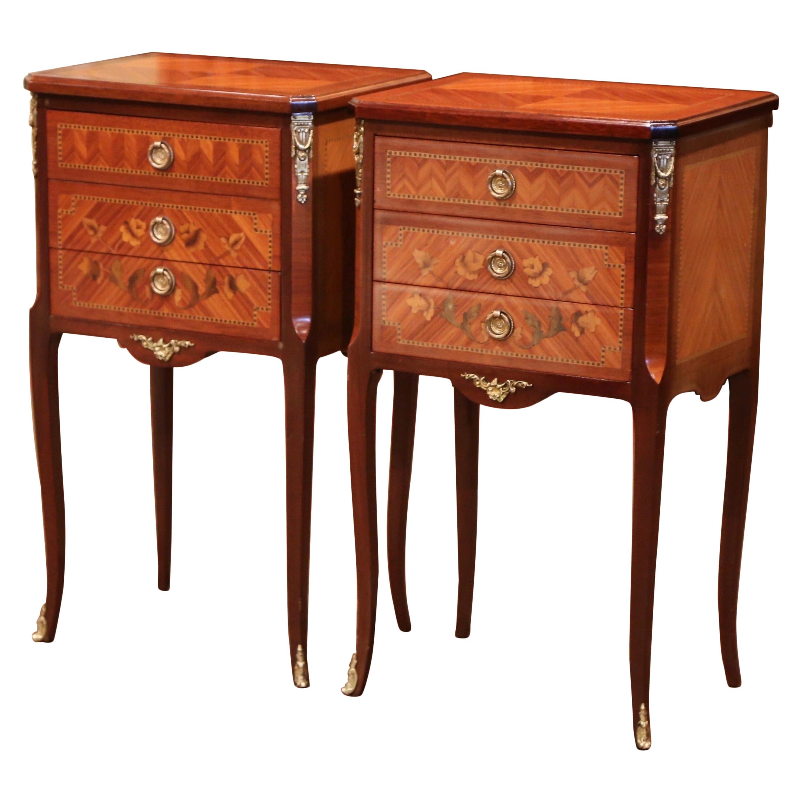 Pair of Midcentury French Louis XV Walnut Inlay and Marquetry Bedside Tables