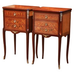 Pair of Midcentury French Louis XV Walnut Inlay and Marquetry Bedside Tables