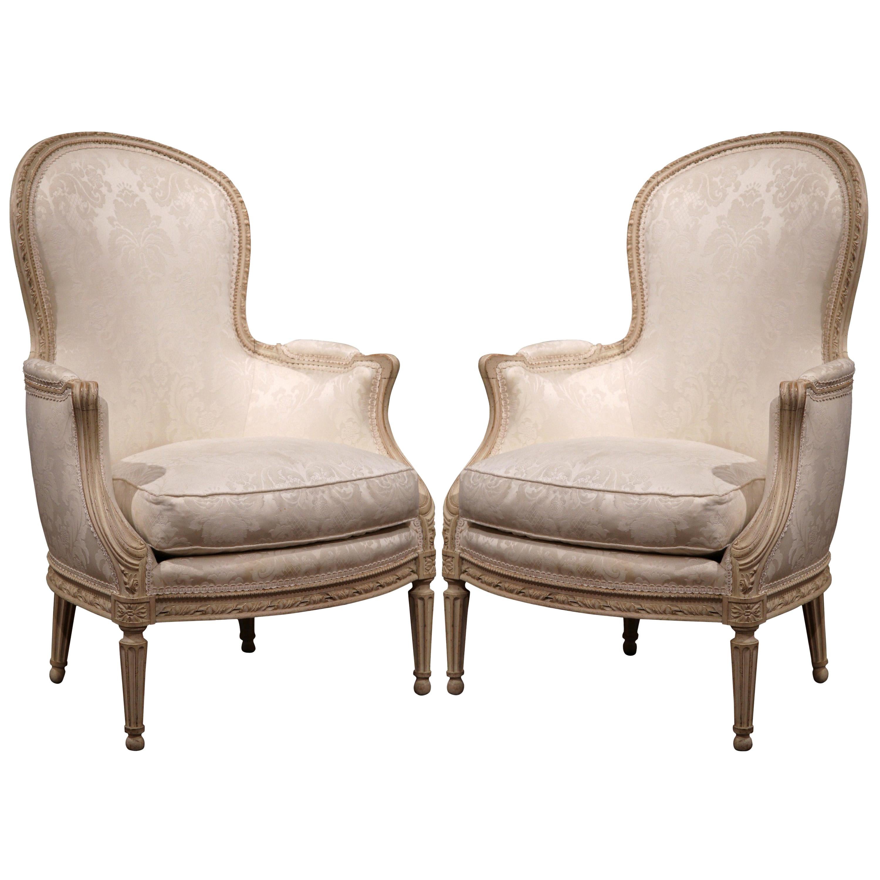 Pair of Midcentury French Louis XVI Carved Painted Bergères Armchairs