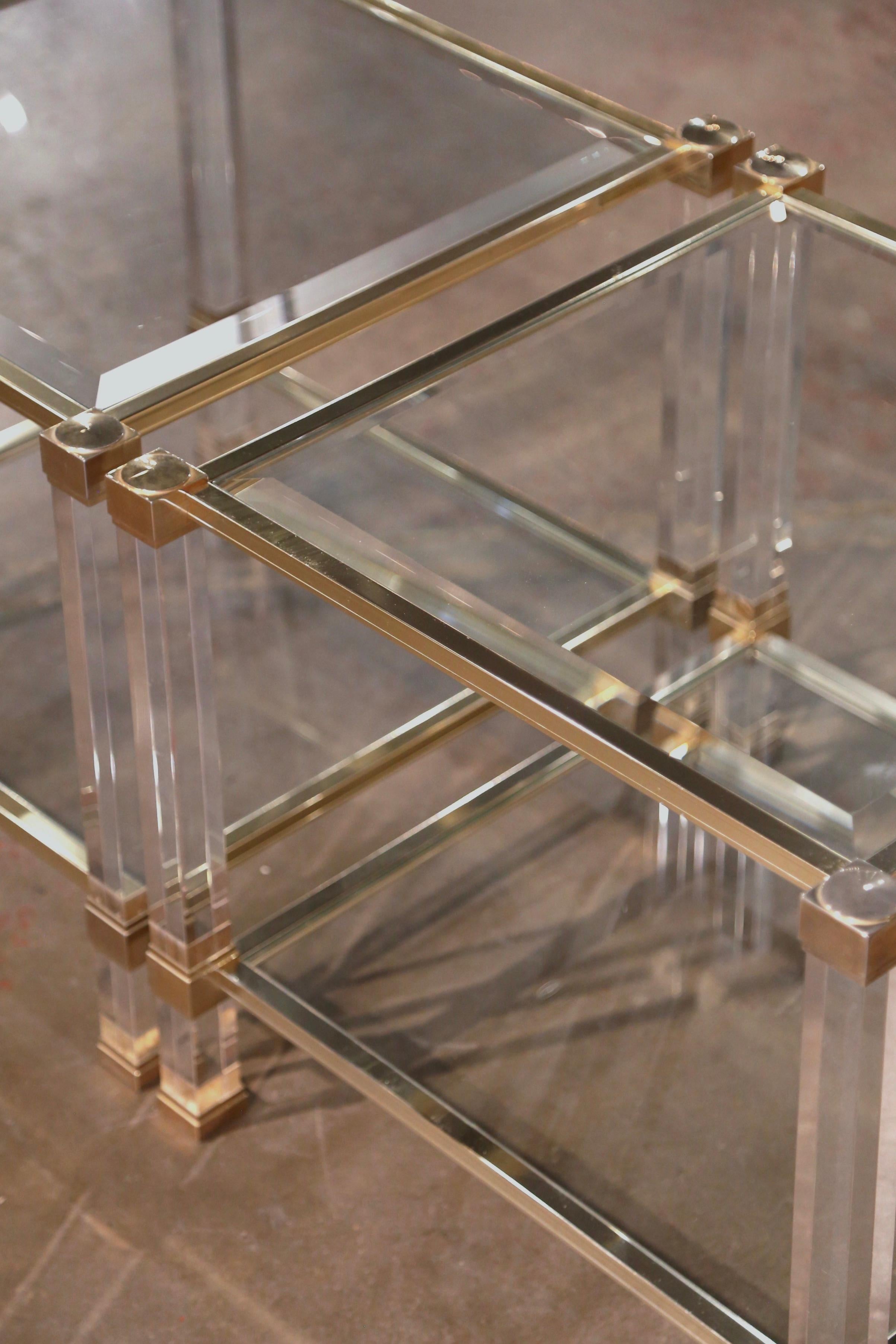 Mid-Century Modern Pair of Midcentury French Lucite and Gilt Metal Side Tables by Pierre Vandel For Sale