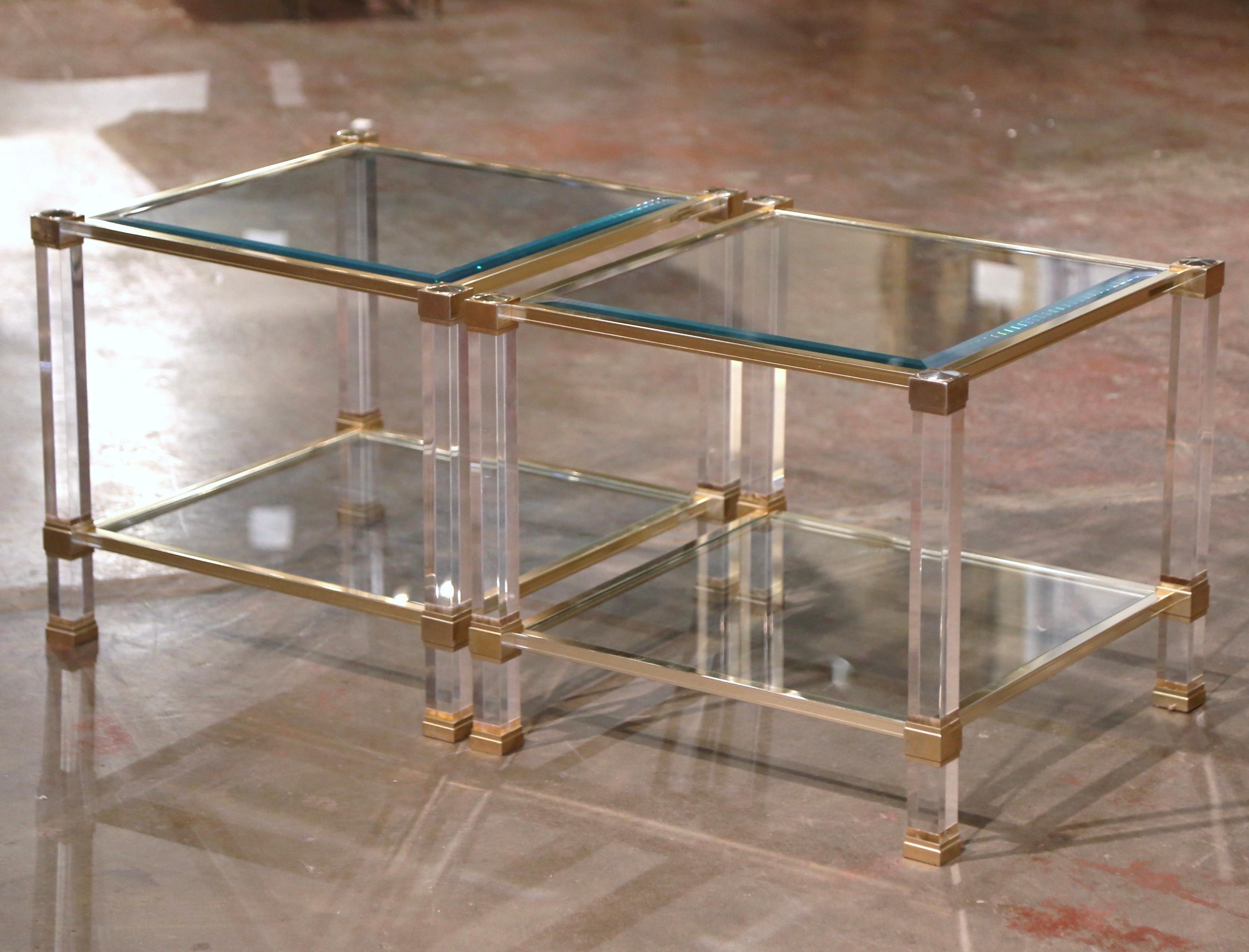 Pair of Midcentury French Lucite and Gilt Metal Side Tables by Pierre Vandel In Excellent Condition For Sale In Dallas, TX