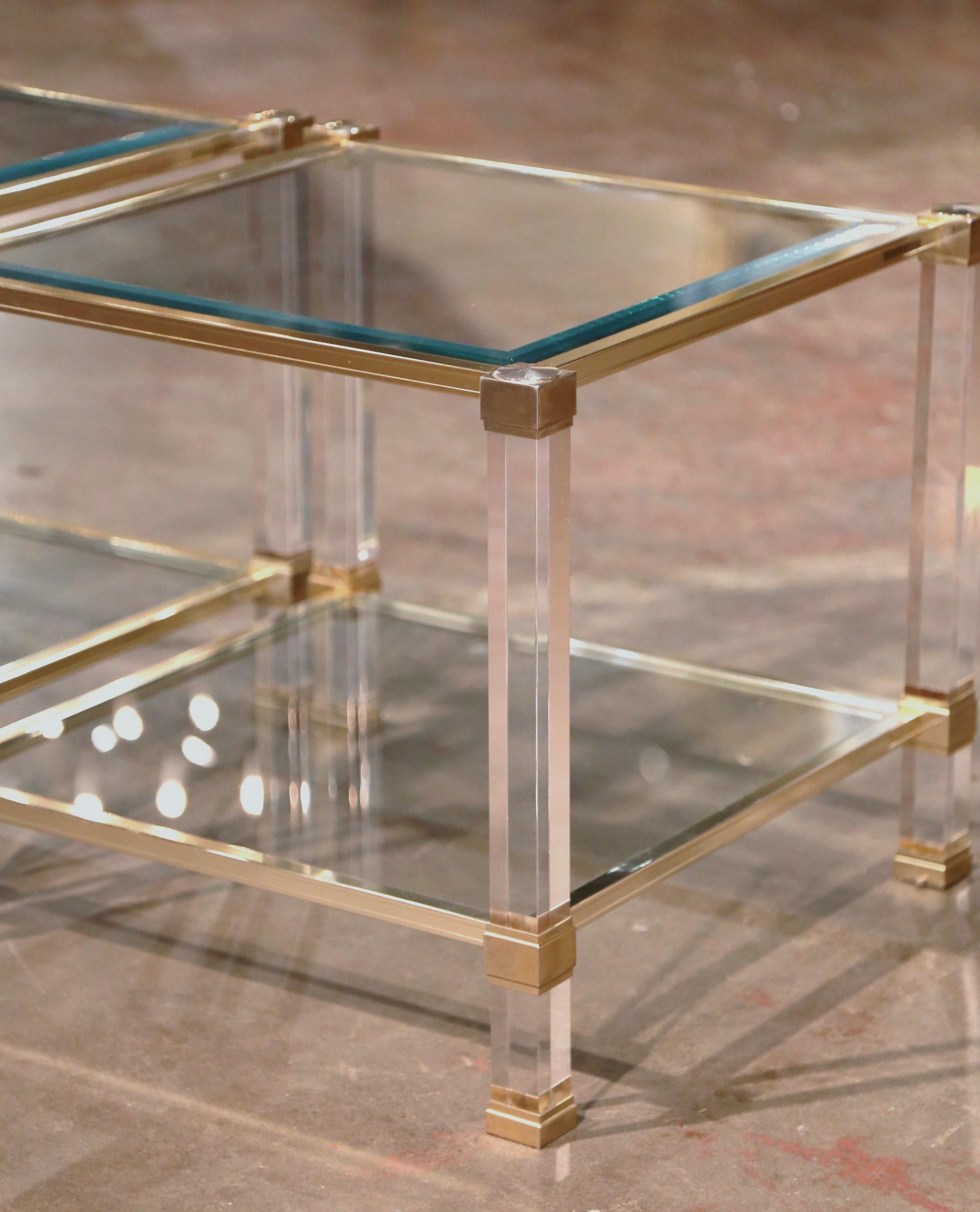 20th Century Pair of Midcentury French Lucite and Gilt Metal Side Tables by Pierre Vandel For Sale