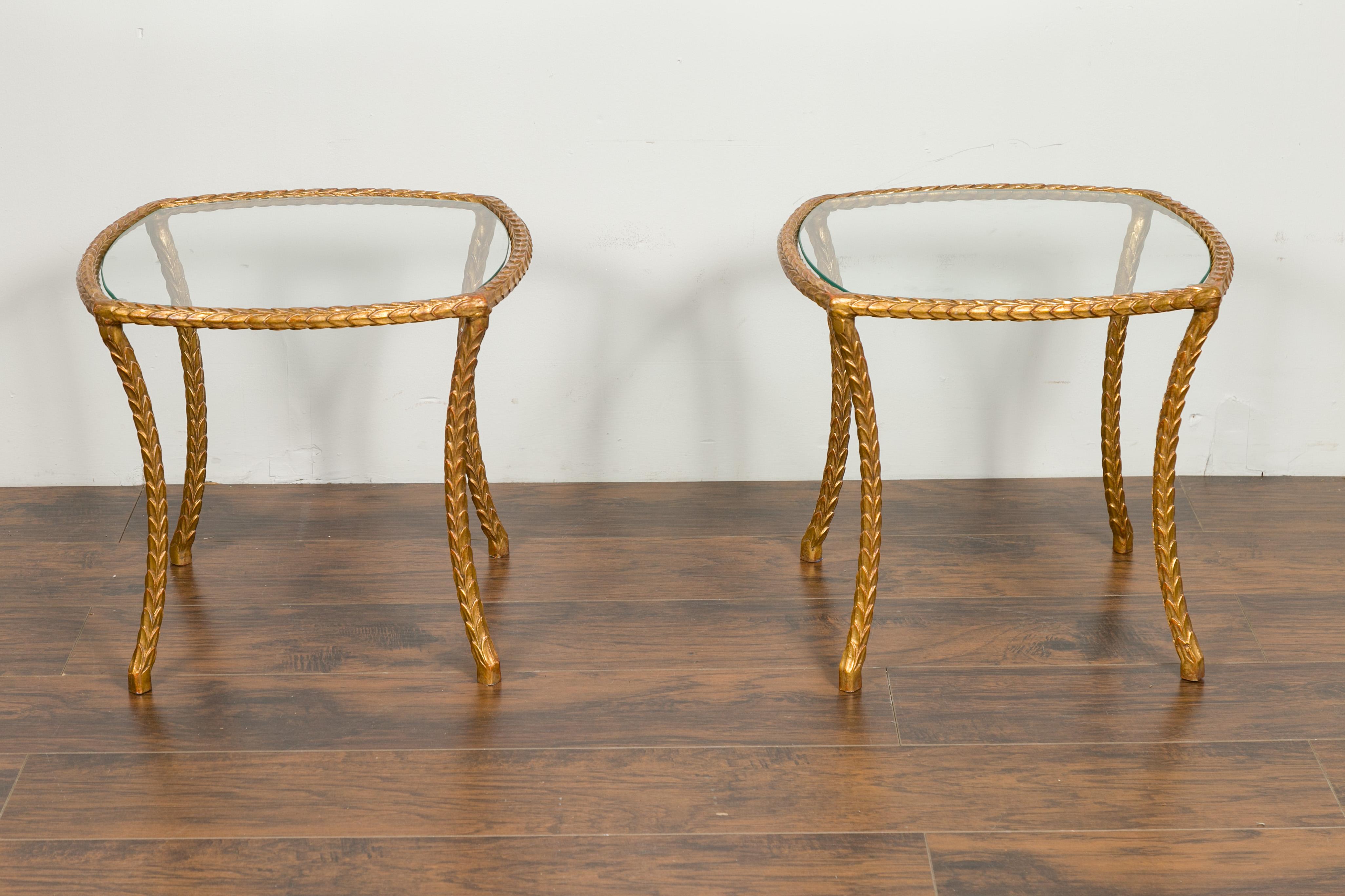 Pair of Midcentury French Maison Baguès Style Gilt Bronze Tables with Glass Tops For Sale 7