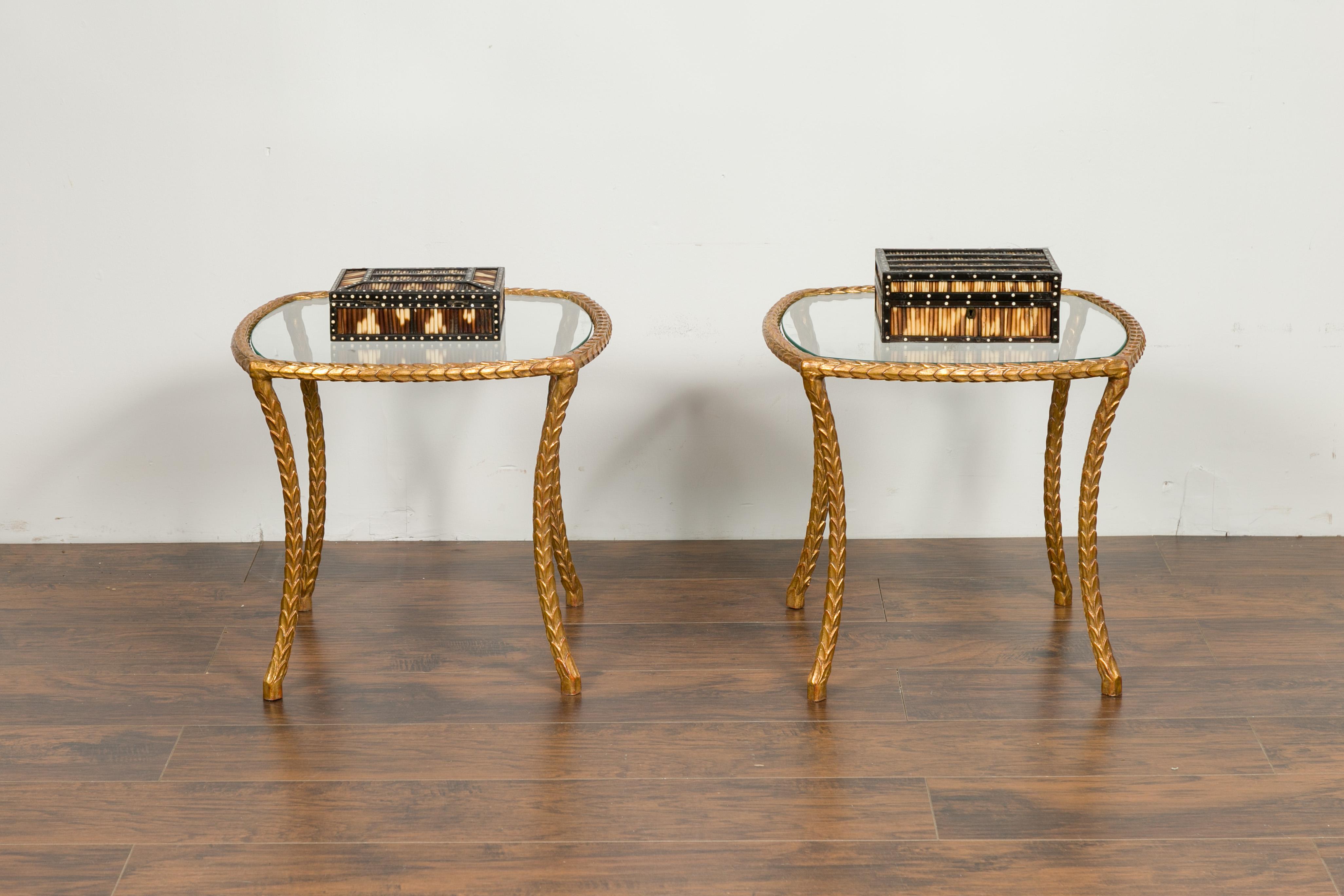 Pair of Midcentury French Maison Baguès Style Gilt Bronze Tables with Glass Tops For Sale 9