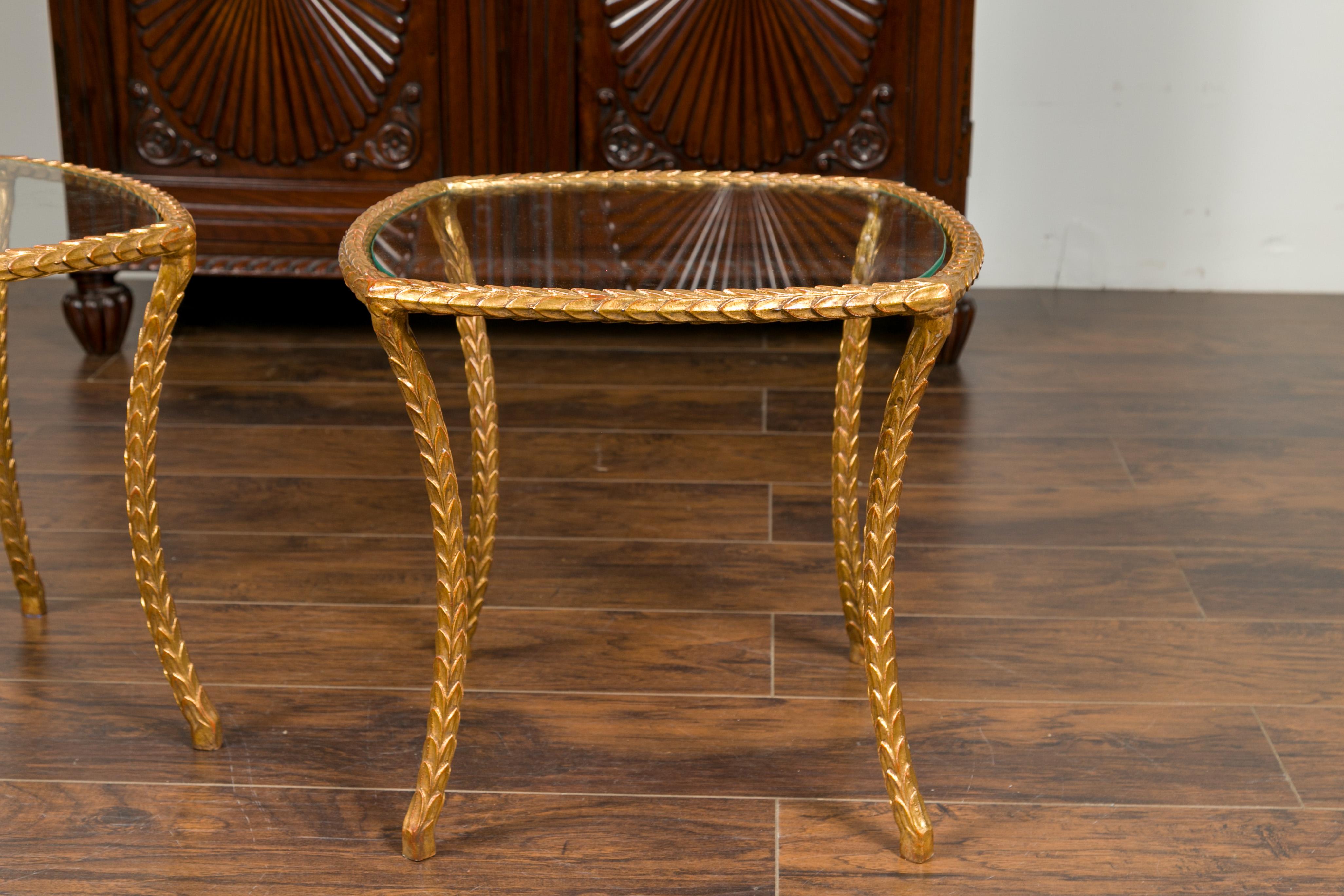 Mid-Century Modern Pair of Midcentury French Maison Baguès Style Gilt Bronze Tables with Glass Tops For Sale