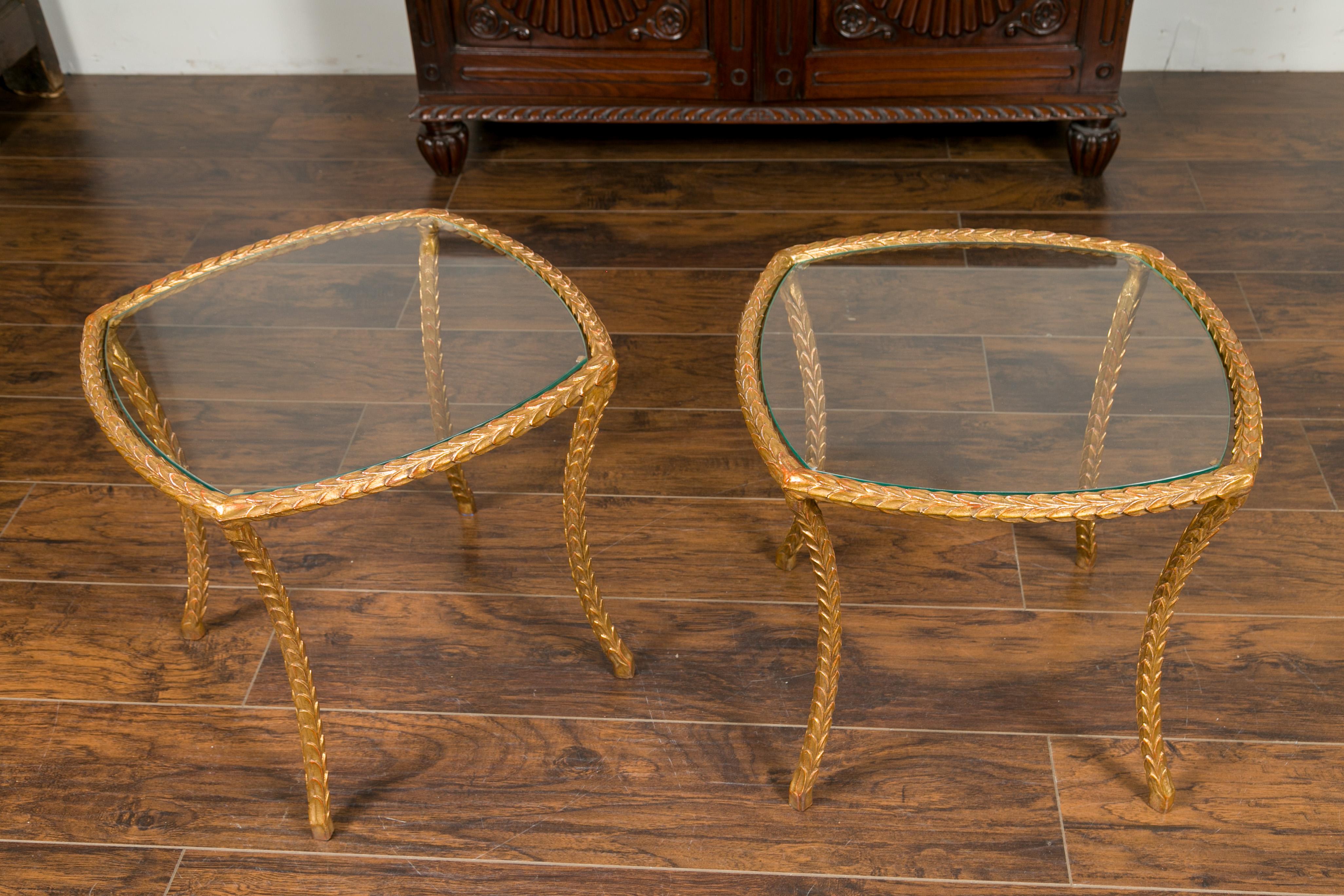 Pair of Midcentury French Maison Baguès Style Gilt Bronze Tables with Glass Tops For Sale 1