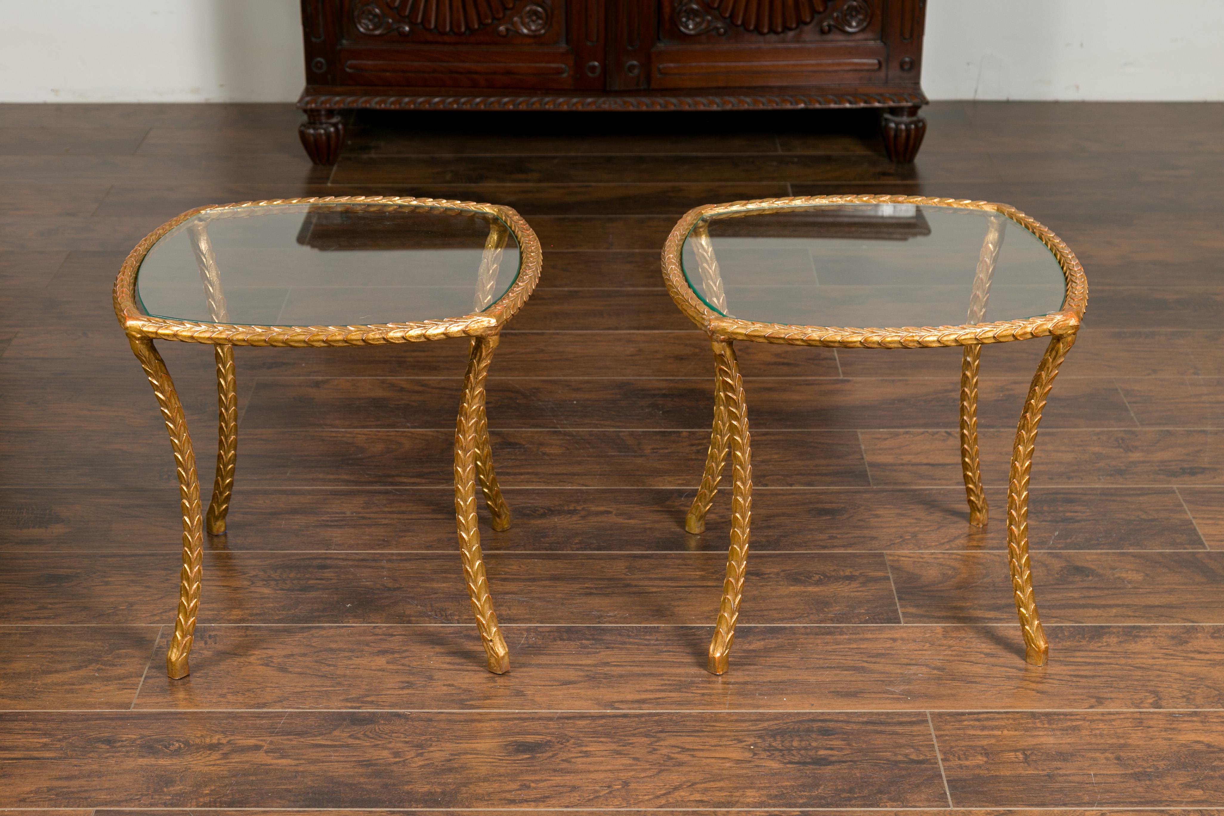 Pair of Midcentury French Maison Baguès Style Gilt Bronze Tables with Glass Tops For Sale 2