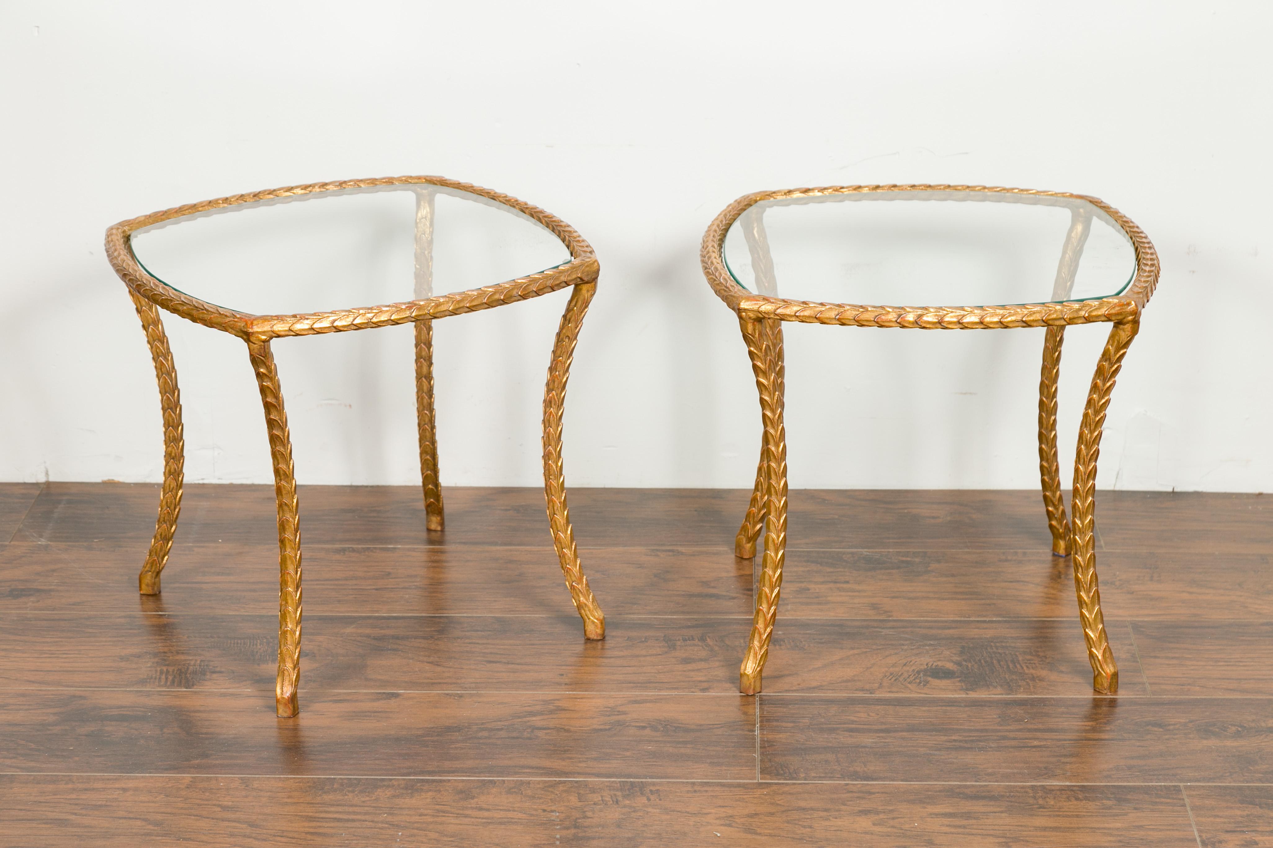 Pair of Midcentury French Maison Baguès Style Gilt Bronze Tables with Glass Tops For Sale 3