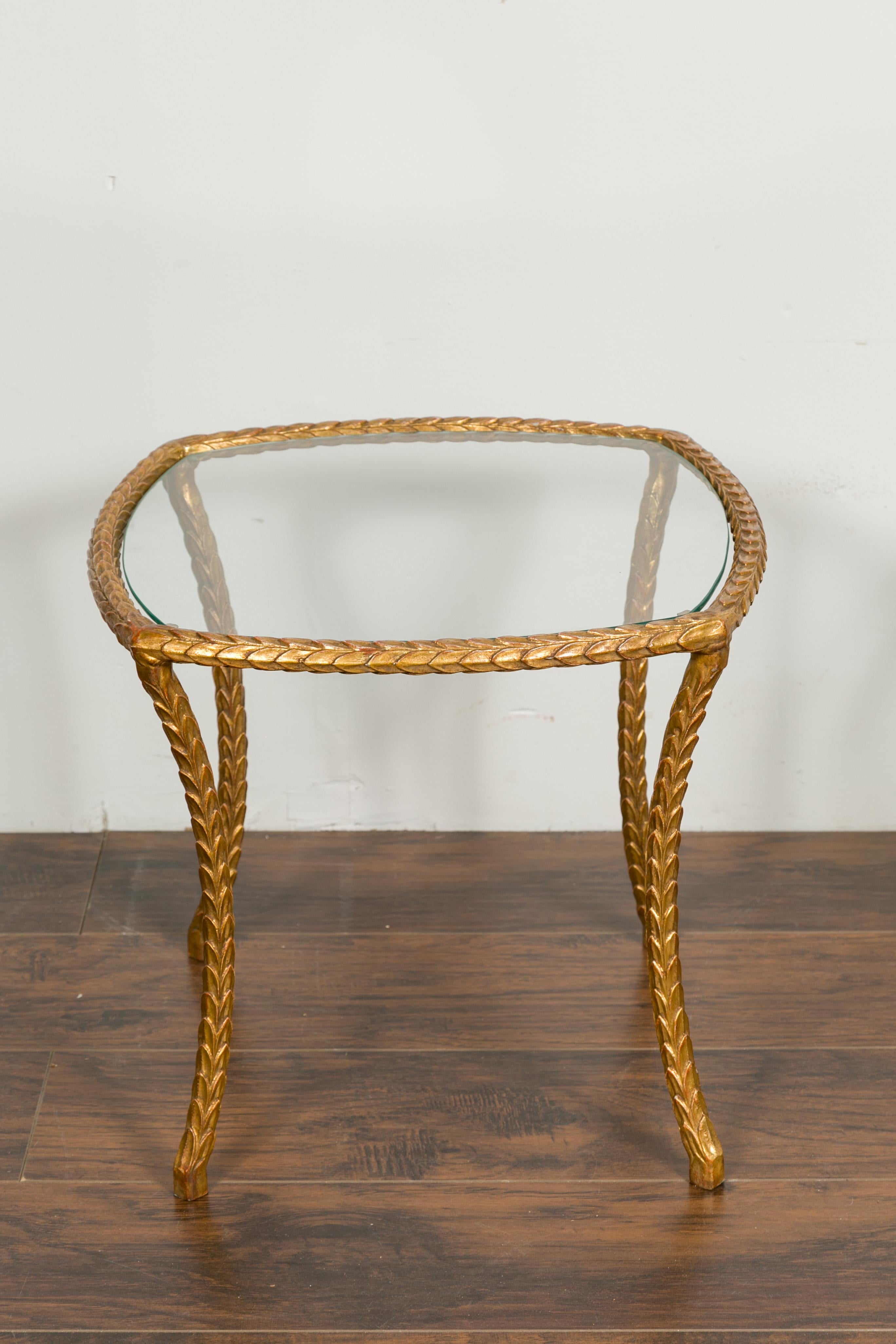 Pair of Midcentury French Maison Baguès Style Gilt Bronze Tables with Glass Tops For Sale 4
