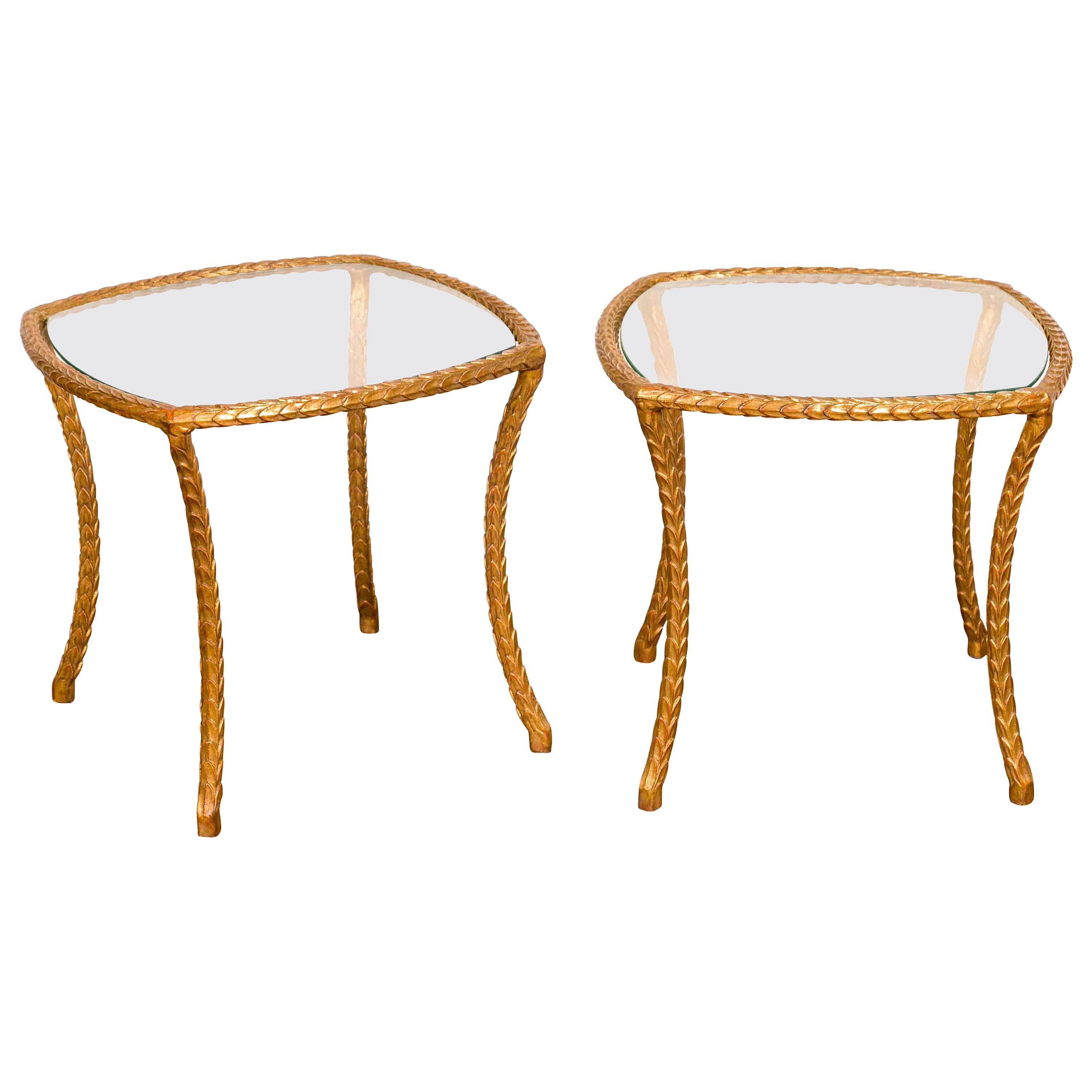 Pair of Midcentury French Maison Baguès Style Gilt Bronze Tables with Glass Tops