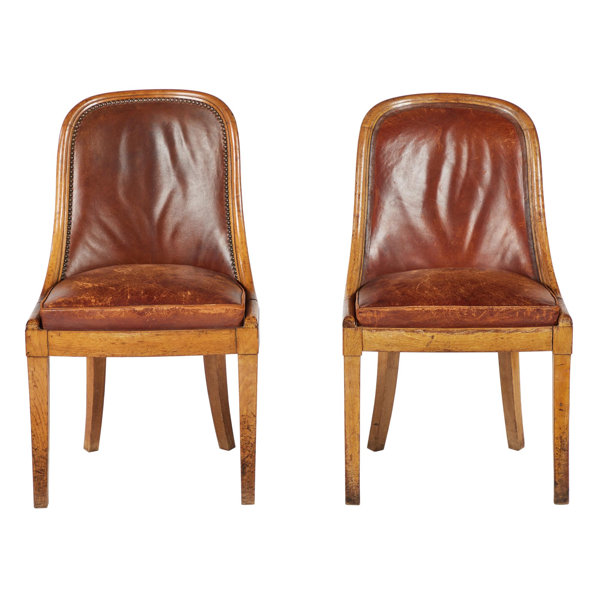 Pair of Midcentury French Oak and Leather Side Chairs
