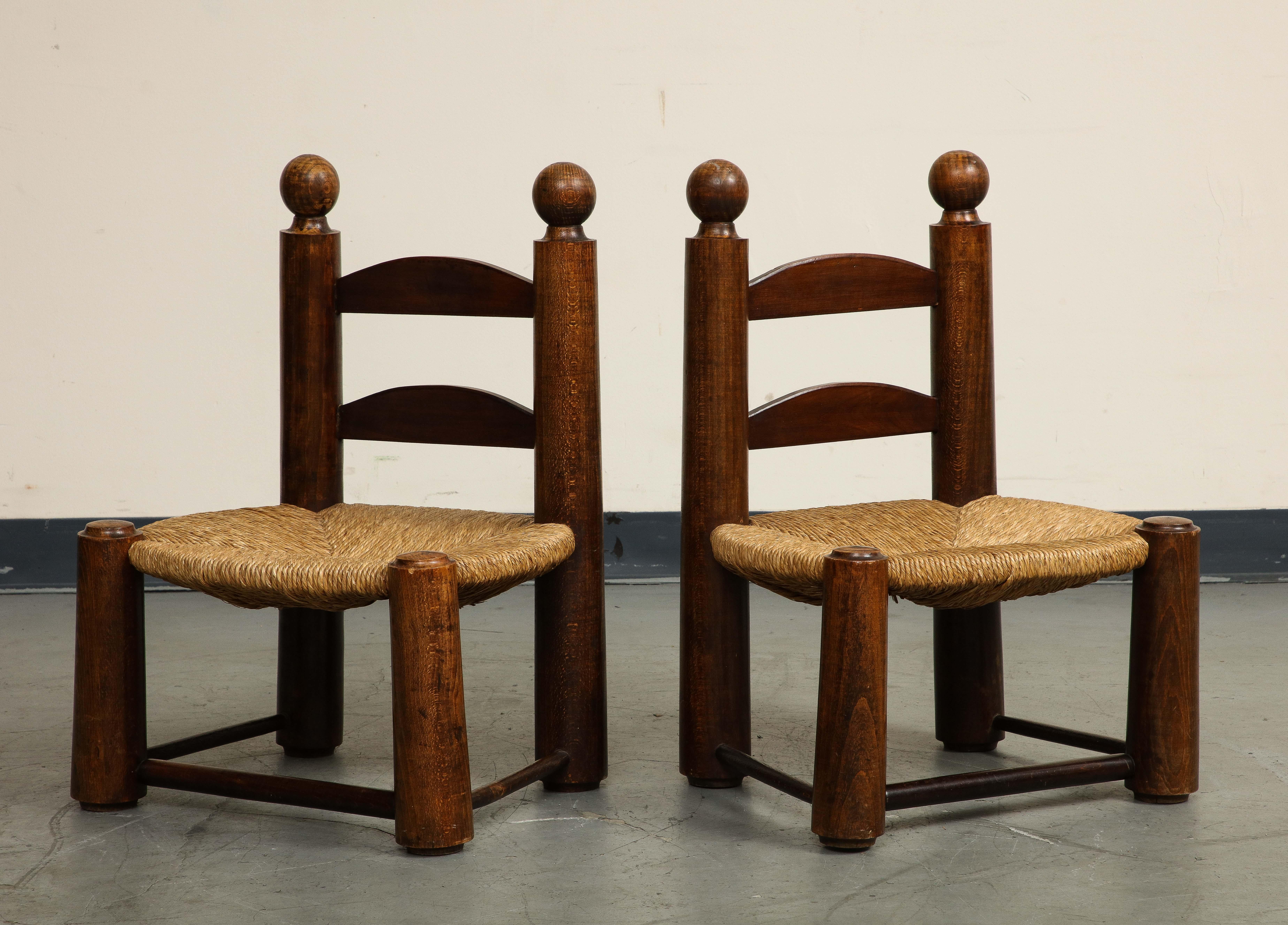 Brutalist Pair of Midcentury French Oak and Rush Low Children's Chairs by Charles Dudouyt