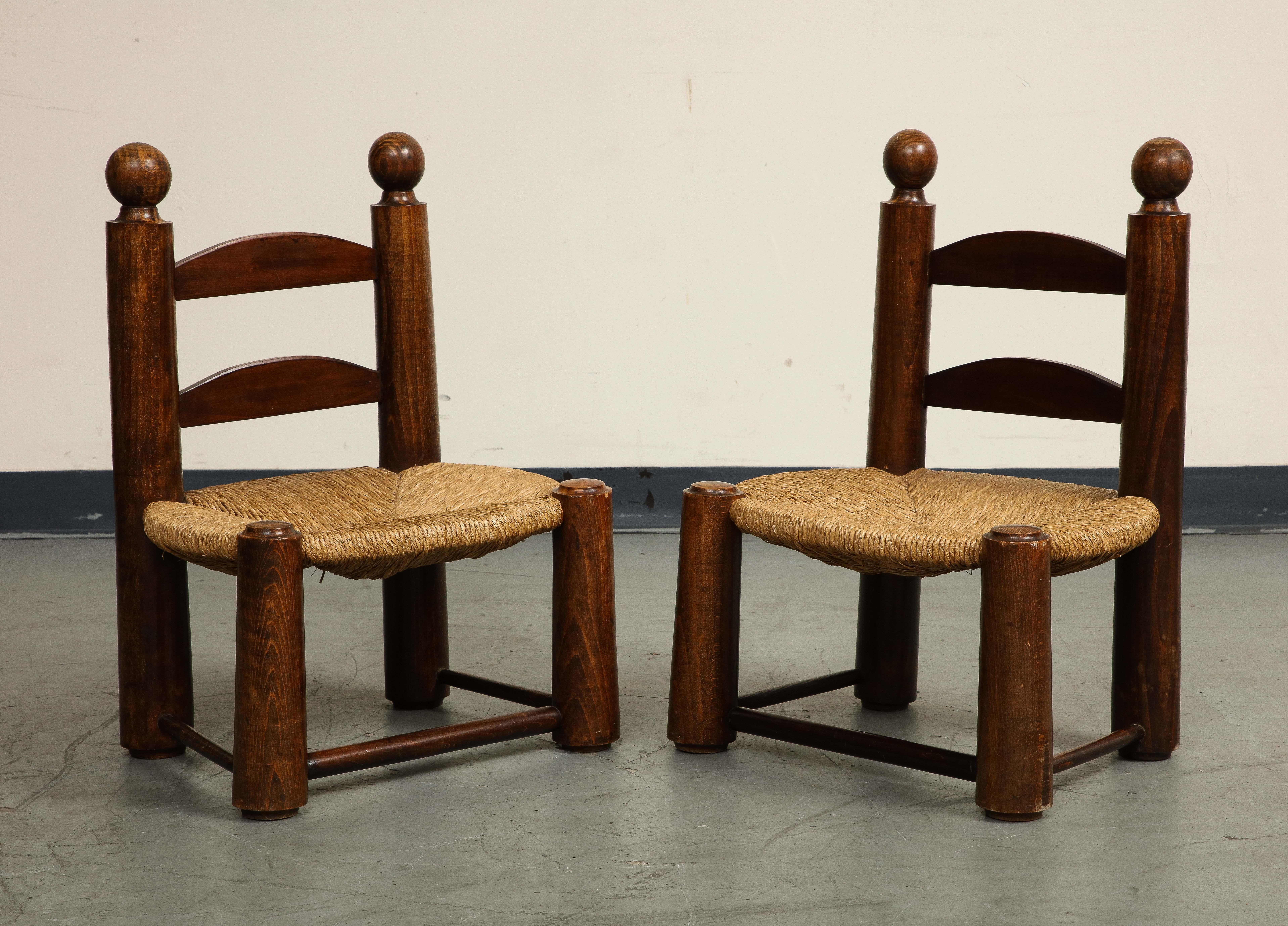 20th Century Pair of Midcentury French Oak and Rush Low Children's Chairs by Charles Dudouyt