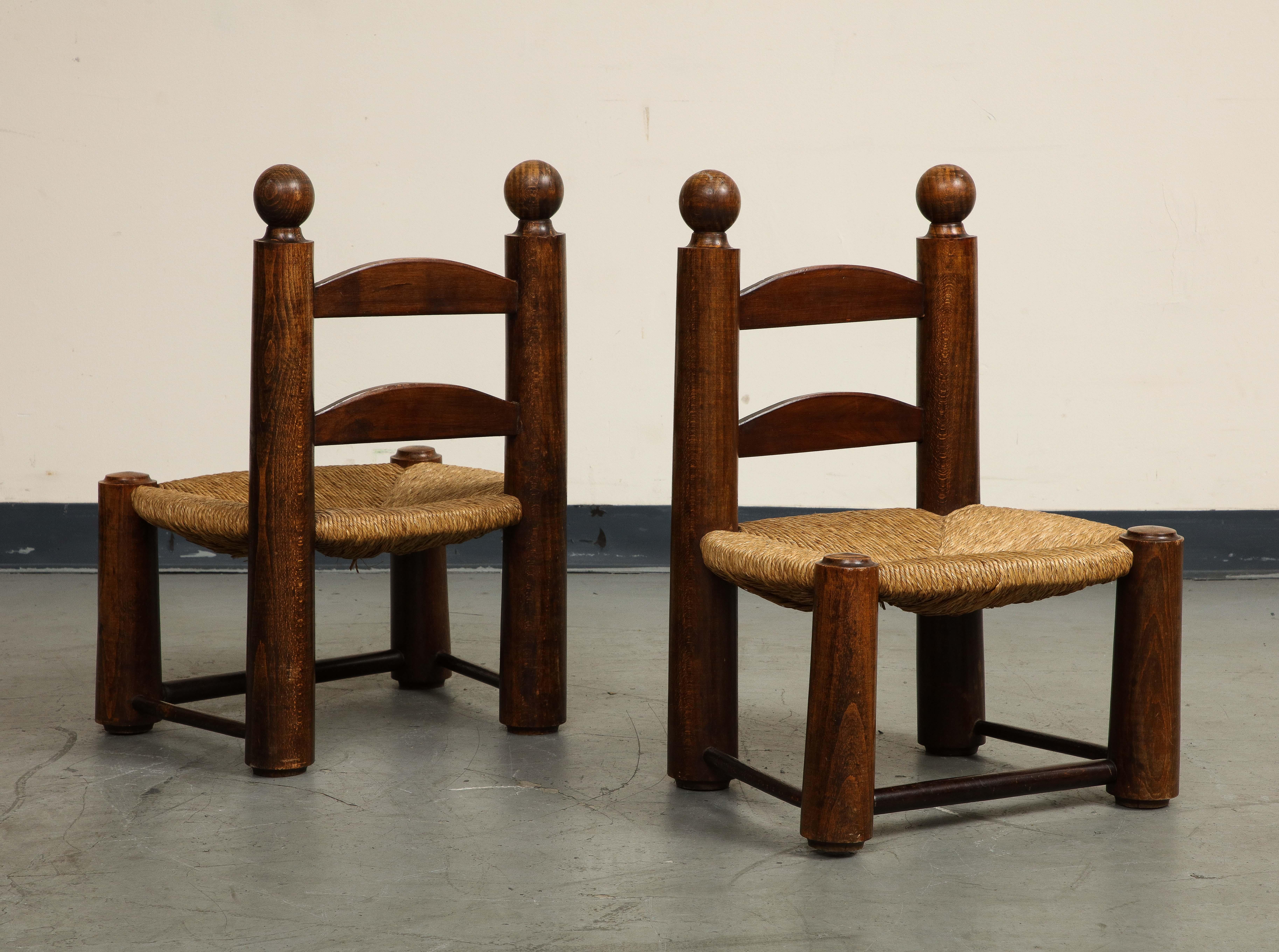 Pair of Midcentury French Oak and Rush Low Children's Chairs by Charles Dudouyt 1