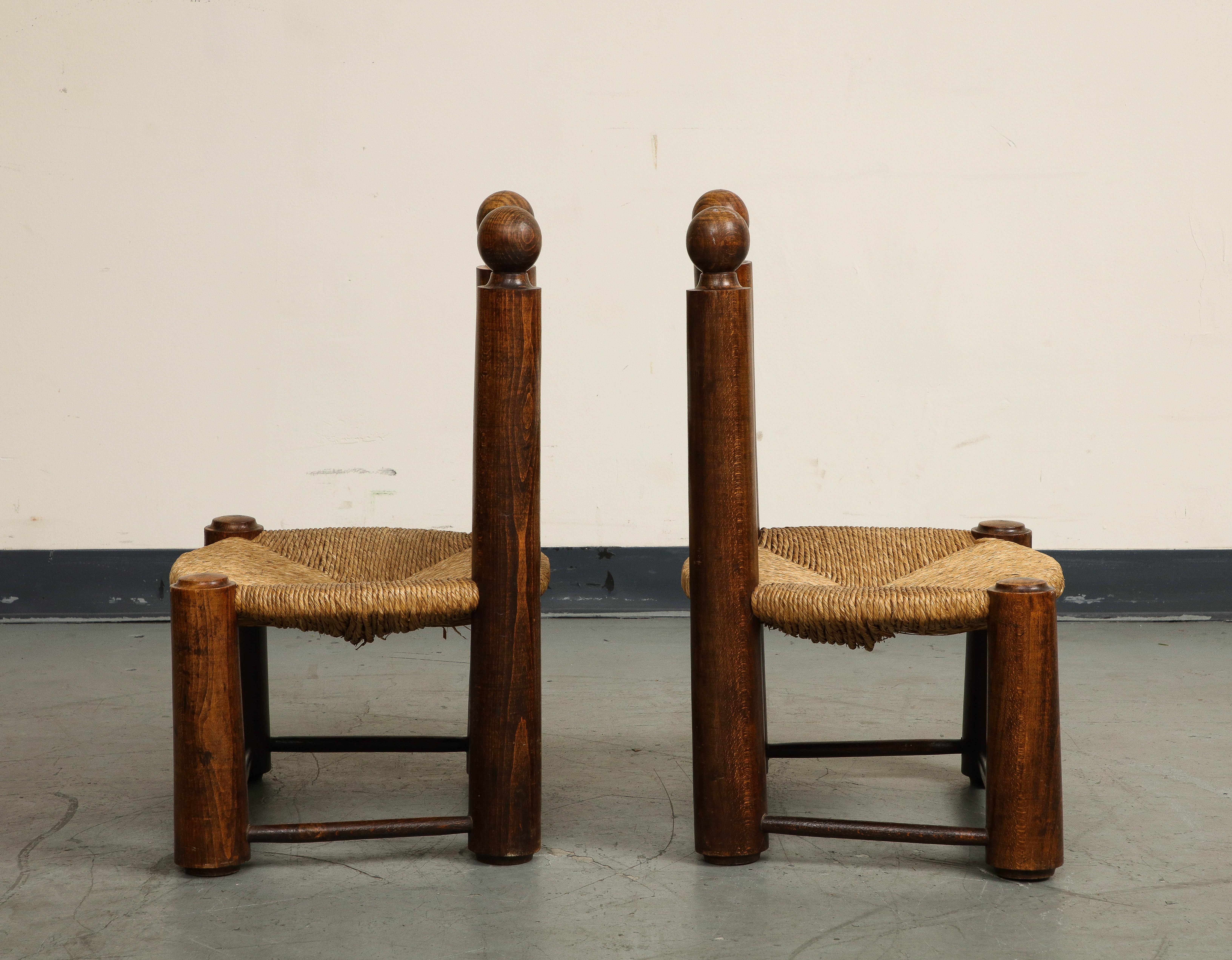 Pair of Midcentury French Oak and Rush Low Children's Chairs by Charles Dudouyt 3