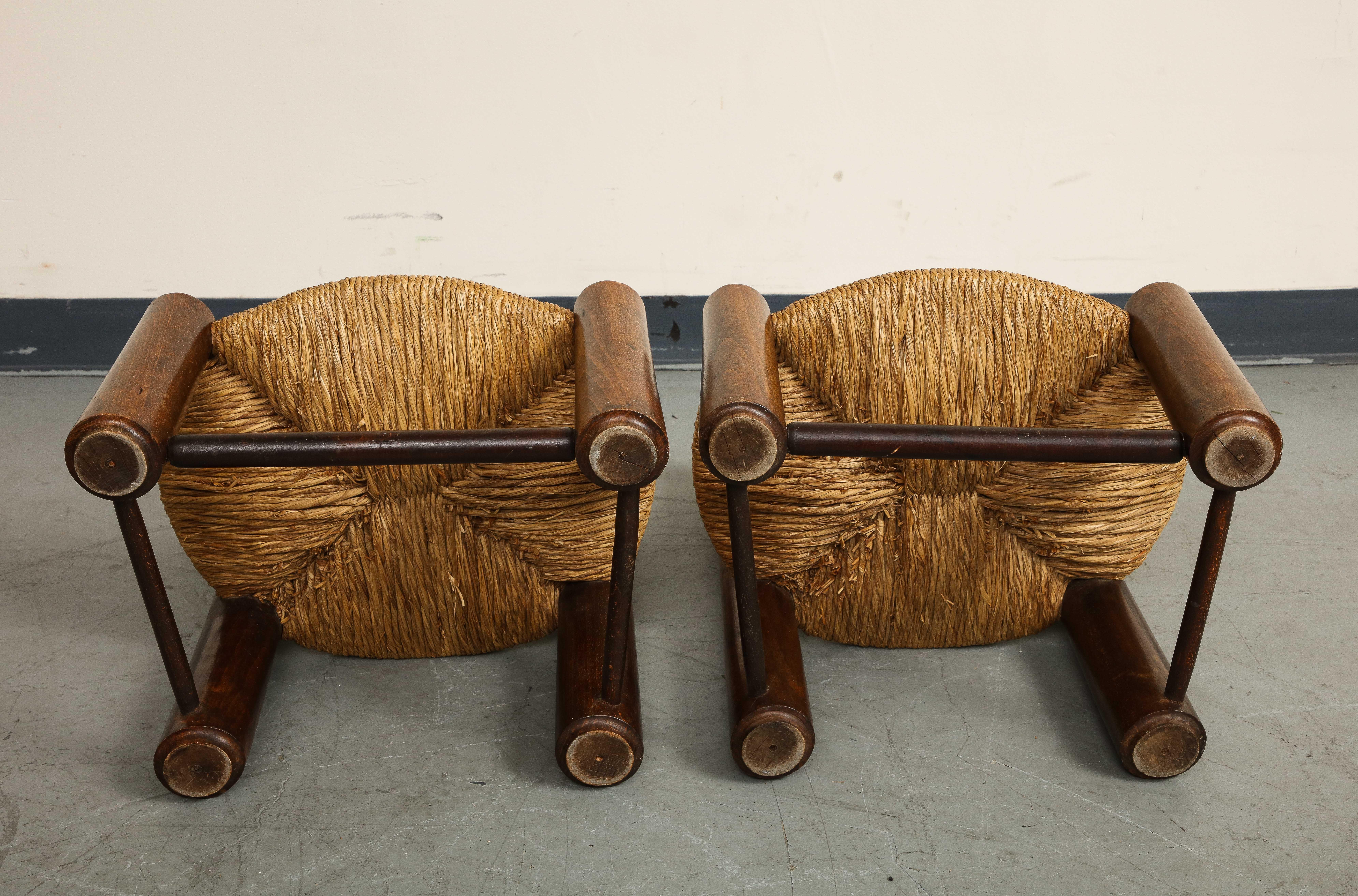 Pair of Midcentury French Oak and Rush Low Children's Chairs by Charles Dudouyt 4