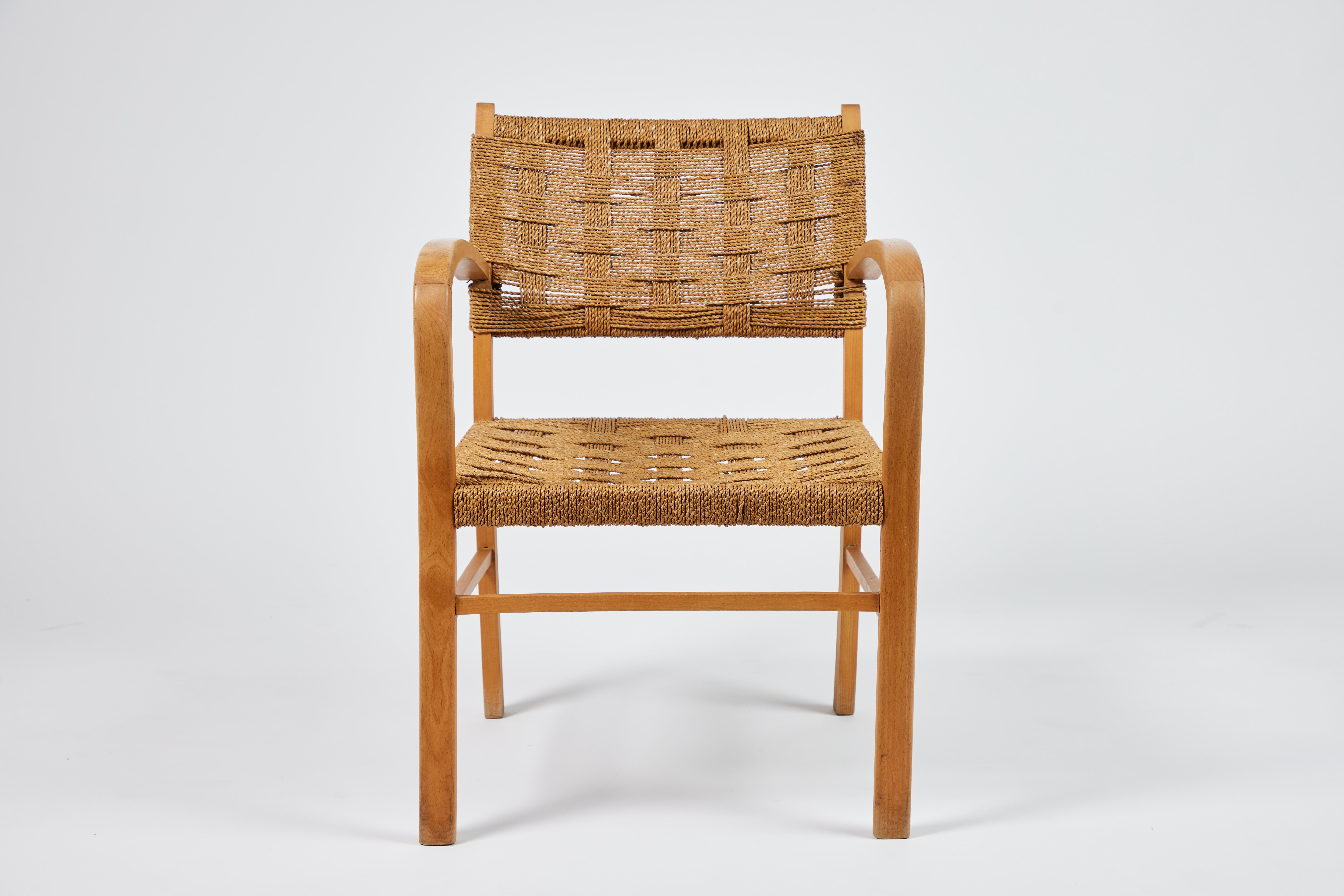 Mid-Century Modern Pair of Mid-Century French Oak & Rope Woven Arm Chairs