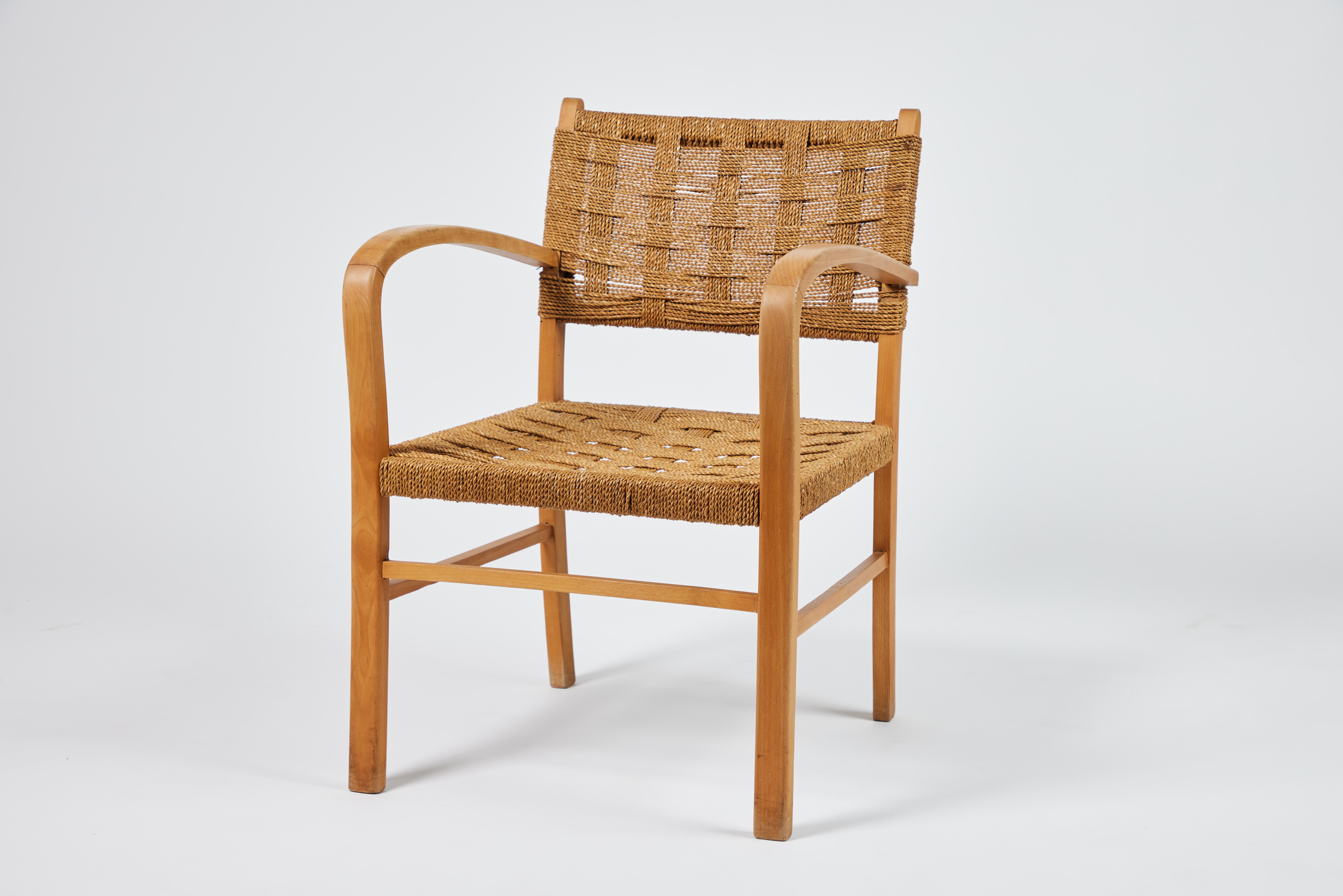 Pair of Mid-Century French Oak & Rope Woven Arm Chairs In Good Condition In Chicago, IL