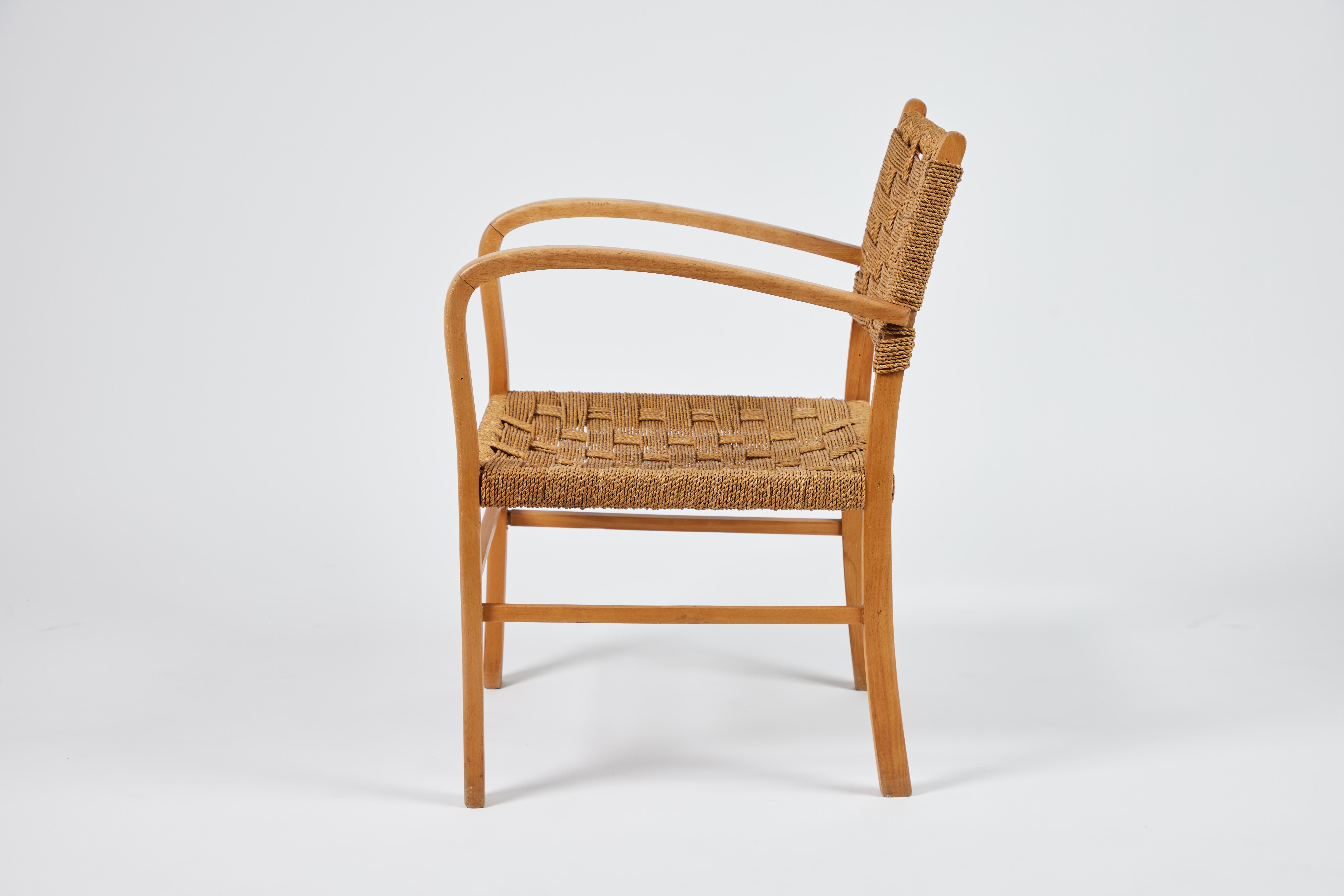 Mid-20th Century Pair of Mid-Century French Oak & Rope Woven Arm Chairs